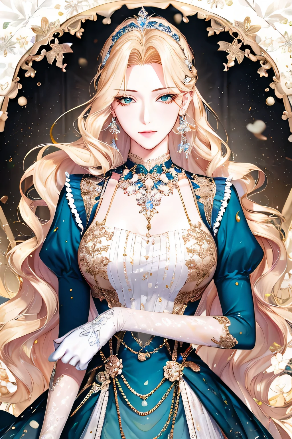 shoujo-style, (floral background, romance manhwa), 1girl, blonde hair, solo, long hair, flower, dress, tiara, white dress, gloves, long sleeves, choker, green eyes, mascara, makeup, white gloves, black bow, black flower, wavy hair, bow, bra, jewelry, looking at viewer, white background, collarbone, puffy sleeves, silver accessories, upper body, parted bangs, very long hair, blue dress, frills, bangs, closed mouth, detailed eyes, sparkle