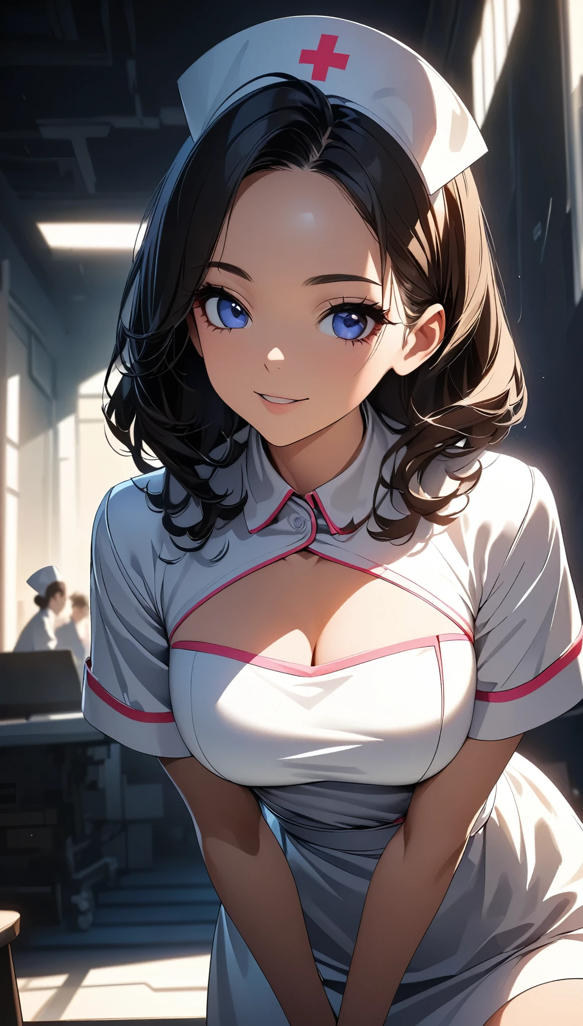 (nurse), ((best quality)), ultra-detailed, ((extremely delicate)), [extremely beautiful], (3D style), 1girl, 3/4 body, dignified and major pose, shy and blush, blush, lovely face, detailed face, (little smile), little lip, (happy and joy expression), ((beautiful aqua detailed eyes)), (beautiful detailed face), ([realistic face]), [sharp chin], slender figure, slim waist, (medium breasts), lean forward, [[[@butter-leo]]], (perky breasts), ((cleavage)), (exposed cleavage), (crowded), shiny skin, three tones hair, black hair, brown hair, dark chocolate hair, (long hair), hair falling over the shoulder, (((white nurse uniform))), ((short sleeves)), ((white pencil skirt)), ((((nurse cap)))), [low cut top], silver hairpin, [flower hairpin], small necklace, shining necklace, earrings, shiny and very small earrings, gemstone earrings, silver bracelet, metal armband, armband on both arms, (((illustration))), [realistic character], (medium shot), looking at viewer, (focus on breasts and cleavage), from above, (soft colors), ((cinematic lighting)), ((soft shadows)), dynamic angle, indoor, sunny, sitting, ((sitting on counter of information)), (on aisle in hosptial), random patient in background, sickroom in background, ((insanely detailed background)), (blury backgrounds), nice hands, perfect hands