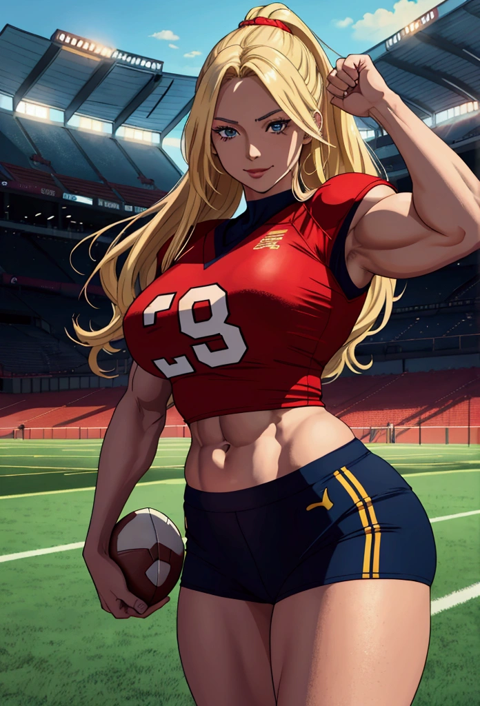 dynamic manga-style illustration featuring a woman with long blonde hair and a flirty expression. She is standing on a football field, flexing her big biceps. She wears a tight football jersey and shoulder pads that highlights her defined muscles, with particularly prominent washboard abs, and very muscular arms. The right arm is raised, causing her large bicep to flex visibly. The left hand is holding a football, She seems happy. The scene is flirtatious, and captures her walking out of practice