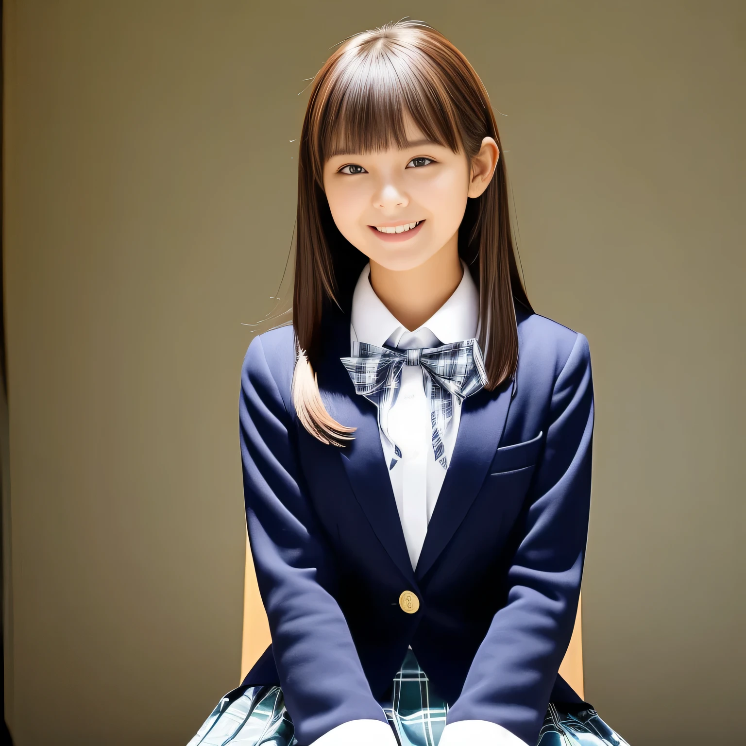 (Highest quality, masterpiece:1.2), Highest quality, High resolution, 1080P, 8k, height: 158cm, alone, (alone, A noble, graceful and intelligent kawaii yo Japanese too-white-skin straight-long-haired most-beautiful-young-model-in-Japan is seated and being interviewed and smiling at me with extreme beatitude, expressing her happiness to me with her kawaii supreme, promoting school uniform designed by Japanese company: 1.8), (background is complete black: 1.0), (Amazed, double-eyelids, completely balanced, brown wet large dreaming eyes with detailed beautifully: 1.6), (Drives me crazy for her navy-colored neat tartan checkered blue skirts and make me fall into her navy-colored tartan checkered skirt: 1.2), (Fine white skin that looks like she has never been out of home: 1.6), (Navy colored school uniform blazer: 1.6), (Navy blue pleated school uniform tartan checkered skirt: 1.5), (Plain-red school ribbon on the breast), (Light-Sky-blue background), (Girl whom everyone loves because of her beauty and neat school fashion and noble manner and magic-charm of succubus: 1.7), full body shot, (jolly face expression), (evenly cut curled bangs), (Selected as the most beautiful girl in school uniform in Japan: 1.5)