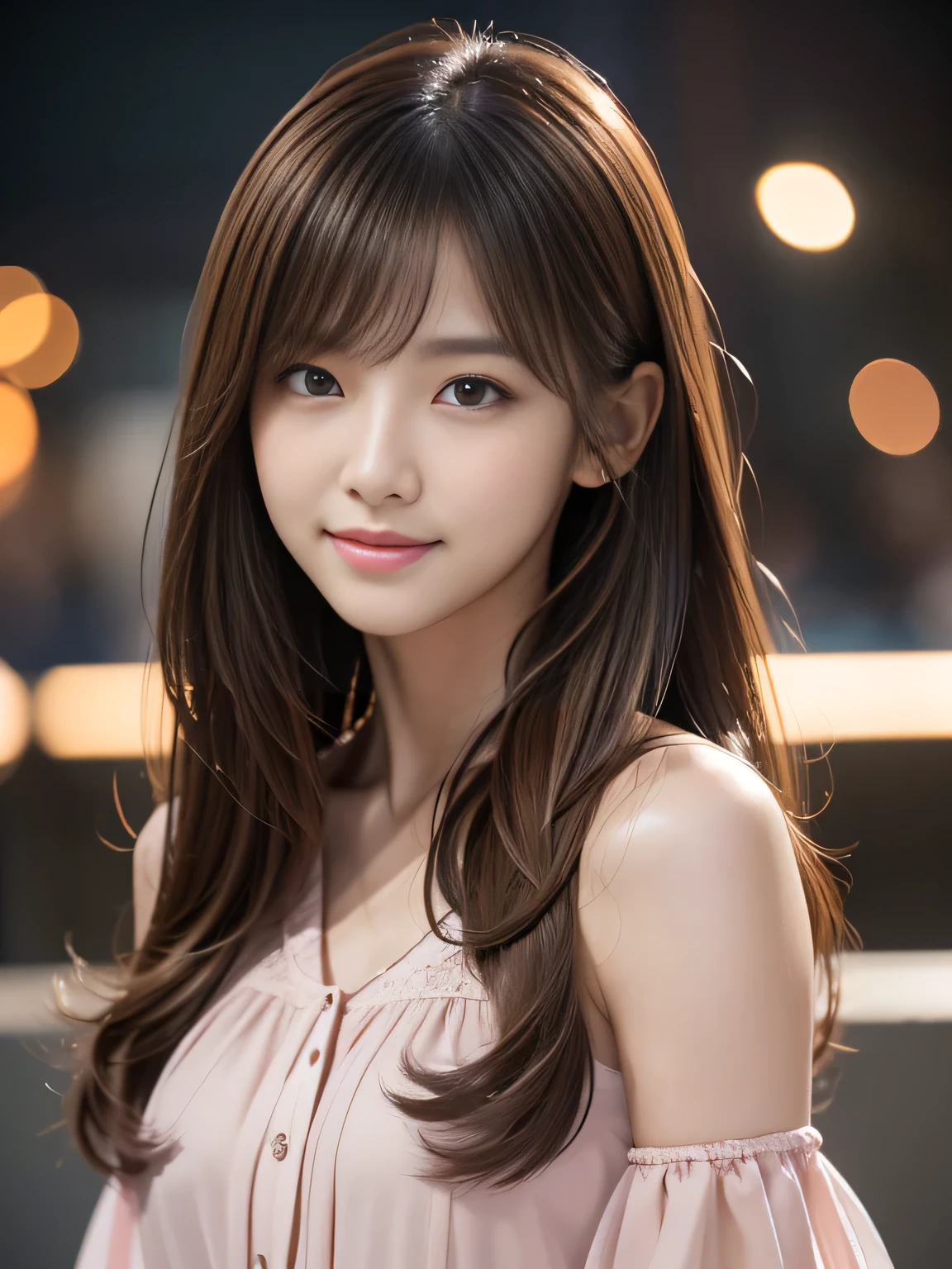 product quality, 1 girl, cowboy shot, front view, a Korean young pretty girl, Pink ruffle blouse, mini skert, Graceful, Feminine silhouette, hyper cute face, glossy lips, double eyelids for both eyes, (natural makeup), shiny smooth light brown hair of long hair, asymmetrical bangs, smile full of joy, 8K resolution, high detail, detailed hairstyle, detailed face, cinematic lighting, octane rendering, hyper realistic, perfect limbs, perfect anatomy, at night, 