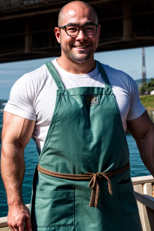 An award-winning original photo, A musclebear man, Japanese man, ((fisherman)), (30 years old daddy: 1.1), 1 man, Solo, white headband, (brown apron), green t shirt, broad shoulders, strong physique, bald, hairy arms, chubby and stout, stubbles (Detailed body), realistic eyes, (glasses), smiling, looking at viewer, lighting (Best quality, high resolution, Photorealistic), Cinematic lighting, Masterpiece, RAW photo, Intricate details, hdr, depth of field, upper body and face shot (realistic: 1.4), (from the front), pier in the background, daylight