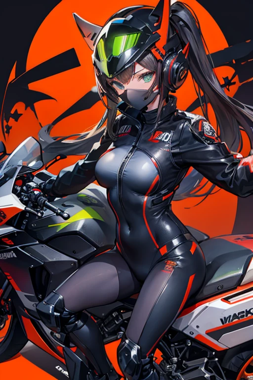 whole body,
1 girl,
blunt bangs,
short hair,
large breast,
black hair,
red eyes,
evil smile,
front view,
from above,
black shiny catsuit,
leather boots,
riding mortorbike,
night,
highway,
car light,