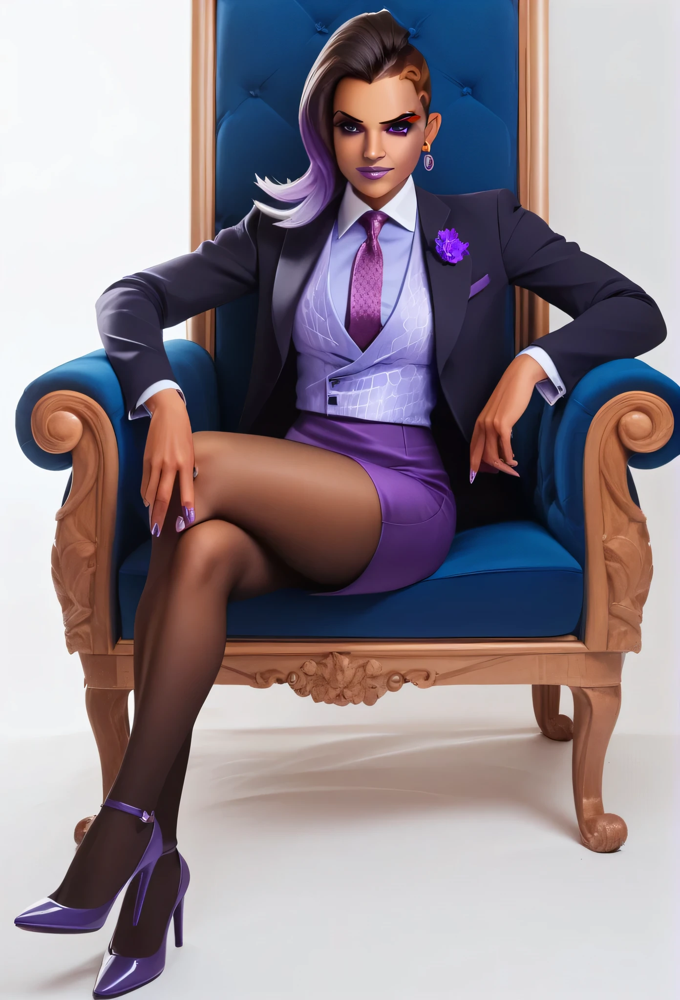 score_9, score_8_up, score_7_up, score_6_up, score_5_up, score_4_up, 3d,
owsombra, smirk, three-piece suit, ((waistcoat)), purple skirt suit, dress shirt, purple necktie, blazer, suit jacket, bodycon pencil skirt, (lilac shirt with white collar), white shirt collar, contrast collar, suit trim, makeup, lipstick, high heels, black pantyhose, elegant, cheeky, holding jacket lapel, hexagon pattern suit, waist up, detailed face, sitting on throne, crossed legs,