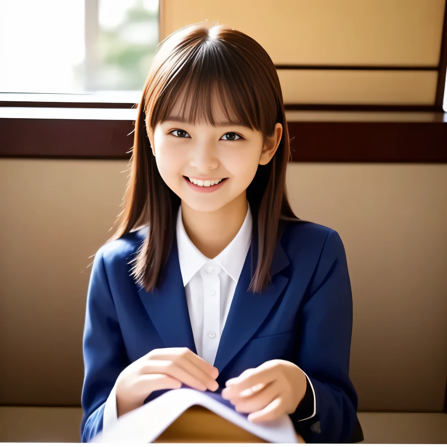 (Highest quality, masterpiece:1.2), Highest quality, High resolution, 1080P, 8k, height: 158cm, alone, (alone, A noble, graceful and intelligent kawaii 15yo Japanese too-white-skin straight-long-haired most-beautiful-young-model-in-Japan is seated and being interviewed and smiling at me with extreme beatitude, expressing her happiness to me with her kawaii supreme, promoting school uniform designed by Japanese company: 1.8), (background is complete black: 1.0), (Amazed, double-eyelids, completely balanced, brown wet large dreaming eyes with detailed beautifully: 1.6), (Drives me crazy for her navy-colored neat tartan checkered blue skirts and make me fall into her navy-colored tartan checkered skirt: 1.2), (Fine white skin that looks like she has never been out of home: 1.6), (Navy colored school uniform blazer: 1.6), (Navy blue pleated school uniform tartan checkered skirt: 1.5), (Plain-red school ribbon on the breast), (Light-Sky-blue background), (Girl whom everyone loves because of her beauty and neat school fashion and noble manner and magic-charm of succubus: 1.7), full body shot, (jolly face expression), (evenly cut curled bangs), (Selected as the most beautiful girl in school uniform in Japan: 1.5)