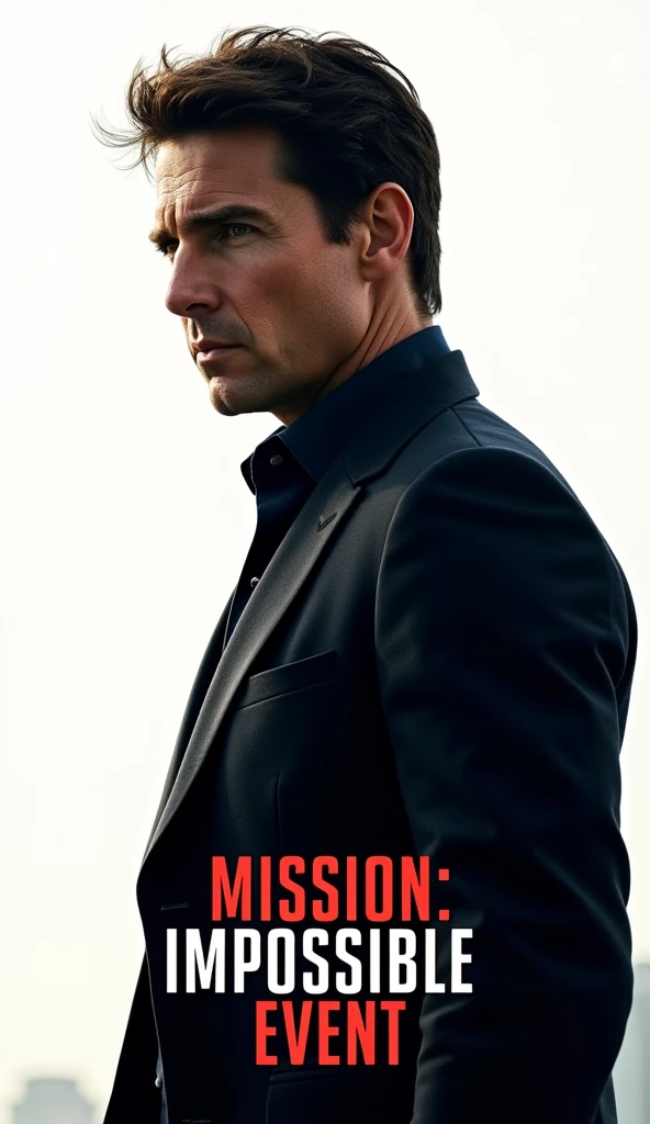 a movie poster with Tom Cruise looking to the side, with the title "Mission: Impossible - Impossible Event", simple white background