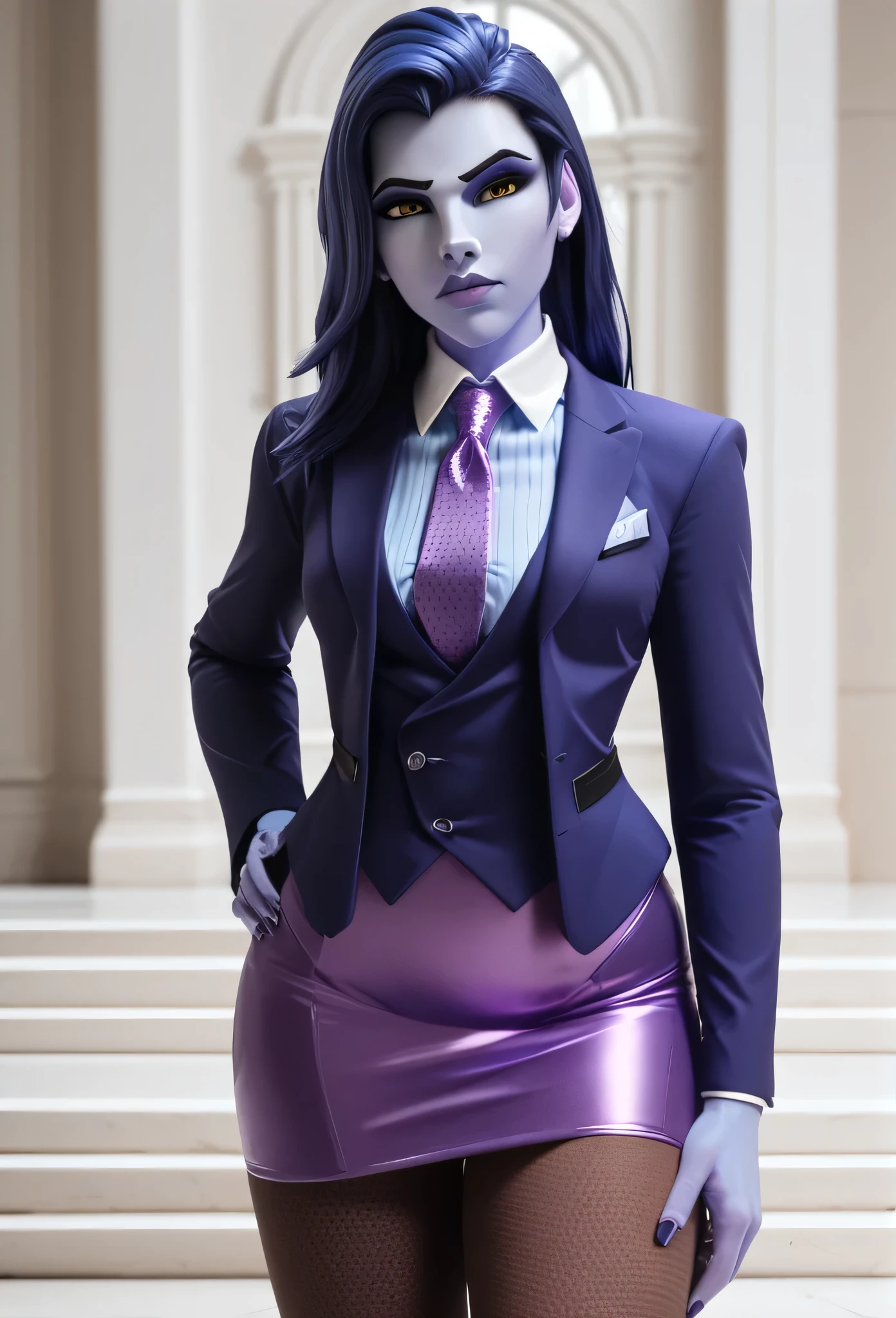 score_9, score_8_up, score_7_up, score_6_up, score_5_up, score_4_up, 3d,
owwidowmaker, blue skin, sneer, three-piece suit, ((waistcoat)), purple skirt suit, dress shirt, purple necktie, blazer, suit jacket, bodycon pencil skirt, (lilac shirt with white collar), white shirt collar, contrast collar, suit trim, makeup, lipstick, black pantyhose, elegant, holding jacket lapel, hexagon pattern suit, waist up, detailed face, sitting on throne, crossed legs, hand on hip