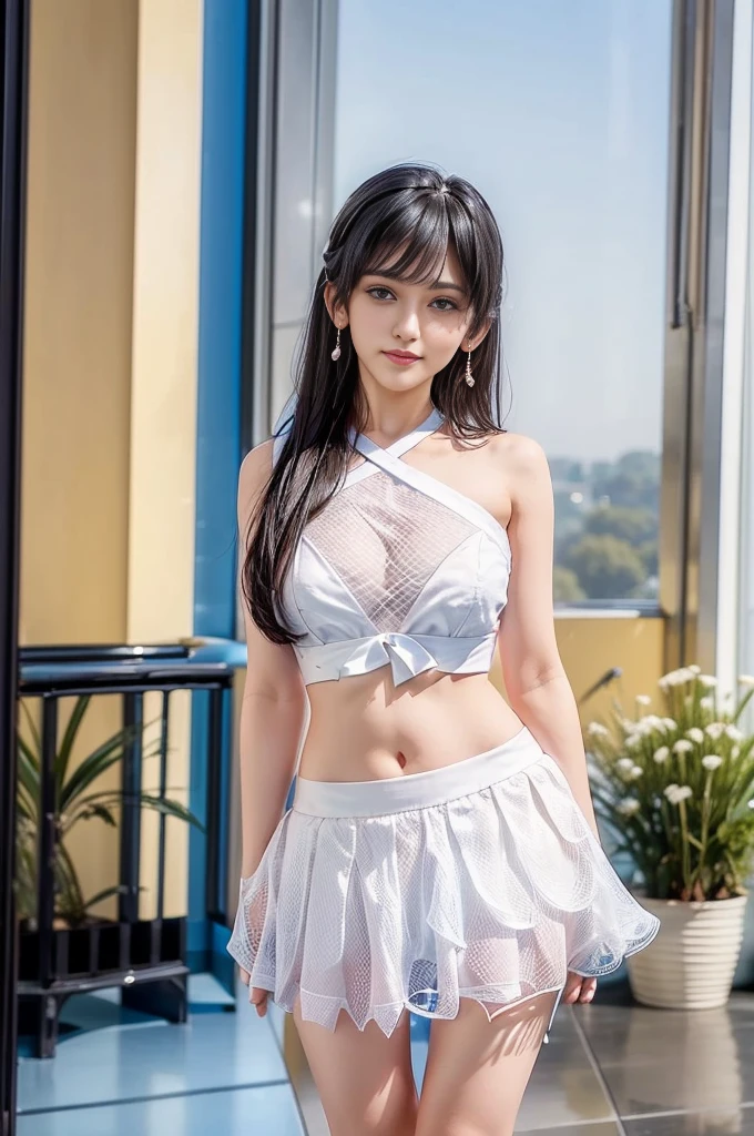 (((One-shoulder mesh girls clothing))),(((Dynamic pose))),(((A peek at the center of the abdomen))),(((Show under the chest ))),(((Blue and white miniskirt lift))),(((Bare inner thigh))),(((F1 cars on display))),ulzzang-6500-v1.1, (Original photo:1.2), (Photorealistic:1.4), Beautiful and delicate girl, Highly detailed eyes and face, Beautiful and delicate eyes, ultra detailed, High resolution, Best Quality,masterpieceHighly detailed, 8K wallpaper, wonderful, Delicate details, Best Quality, There is Light on the face,Light,One girl,(Car Race Track),Beautiful Eyes,smile,Open your mouth