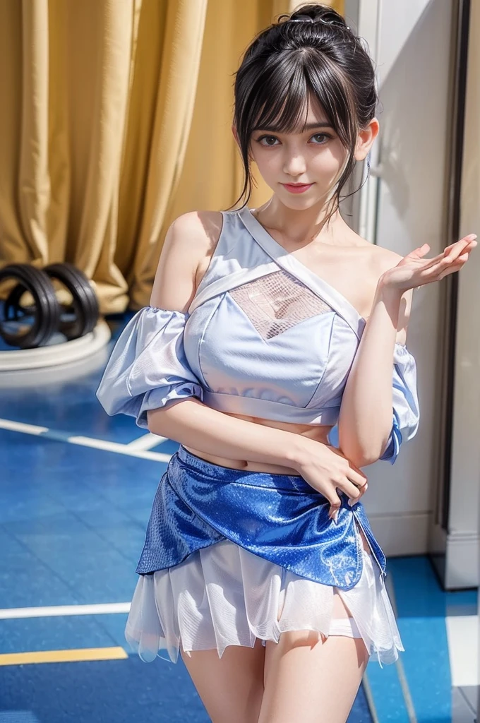 (((One-shoulder mesh girls clothing))),(((Dynamic pose))),(((A peek at the center of the abdomen))),(((Show under the chest ))),(((Blue and white miniskirt lift))),(((Bare inner thigh))),(((F1 cars on display))),ulzzang-6500-v1.1, (Original photo:1.2), (Photorealistic:1.4), Beautiful and delicate girl, Highly detailed eyes and face, Beautiful and delicate eyes, ultra detailed, High resolution, Best Quality,masterpieceHighly detailed, 8K wallpaper, wonderful, Delicate details, Best Quality, There is Light on the face,Light,One girl,(Car Race Track),Beautiful Eyes,smile,Open your mouth