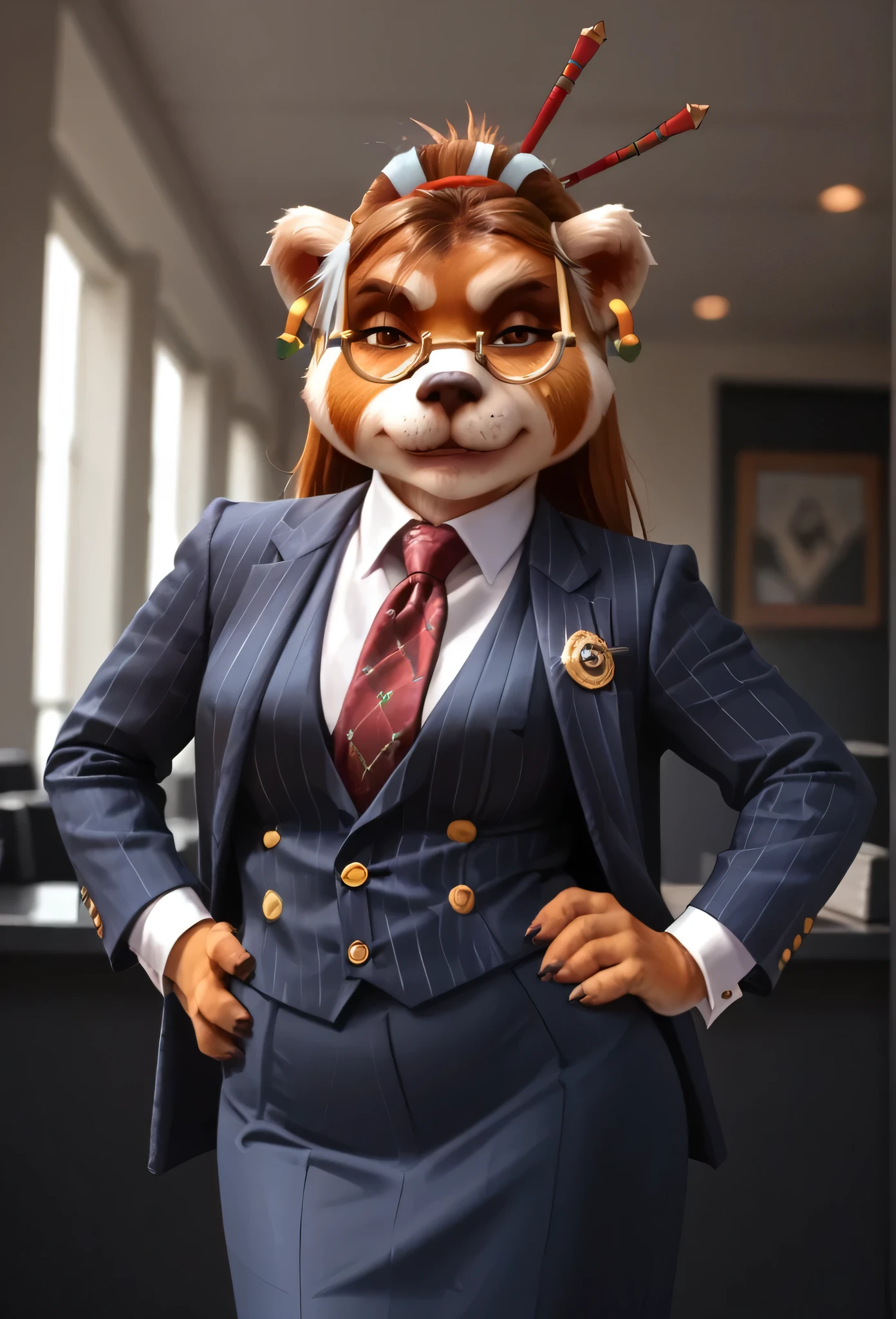 score_9, score_8_up, score_7_up, score_6_up, score_5_up, score_4_up, 1girl, breasts, furry, animal ears, brown hair, brown eyes, earrings, jewelry, hair ornament, glasses, hair stick,  three-piece suit, ((waistcoat)), skirt, 1girl, formal, jewelry, suit, red striped necktie, navy pinstripe jacket, light blue shirt with white collar, shirt, smirk, smug, cufflinks, looking at viewer, close up, office background, superior, boss lady, hand on hip, portrait, looking down nose, sassy, fixing tie, detailed, textured fur 