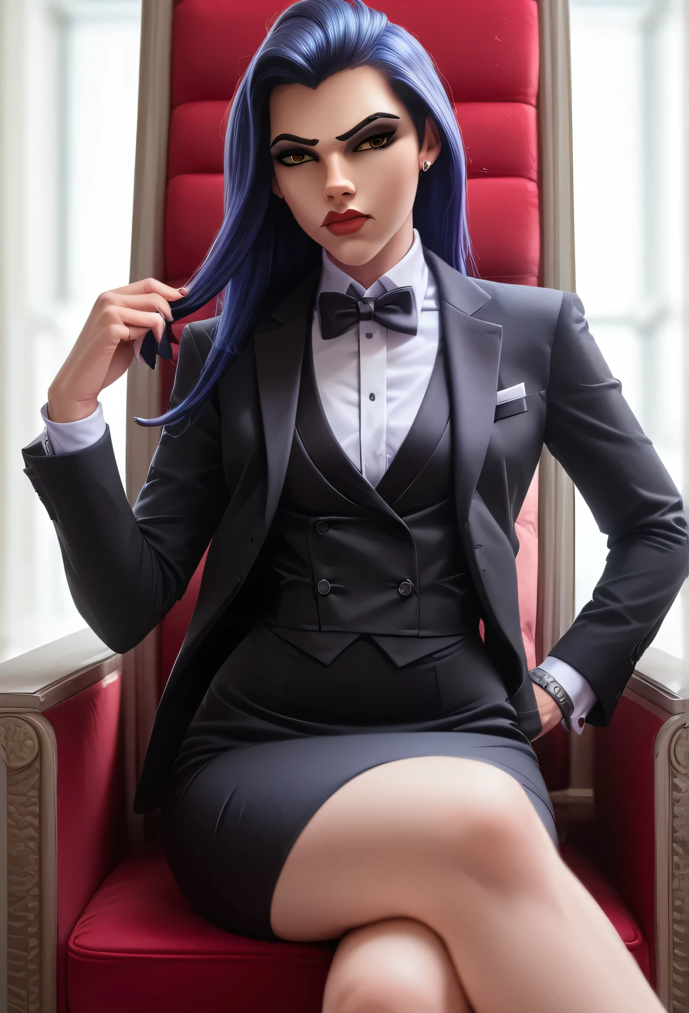 score_9, score_8_up, score_7_up, score_6_up, score_5_up, score_4_up, 3d,
owwidowmaker, sneer, three-piece suit, ((waistcoat)), (((black skirt suit))), dress shirt, tuxedo black bowtie, blazer, black suit jacket, black bodycon pencil miniskirt, skirt, (shirt with white collar), white shirt collar, contrast collar, suit trim, makeup, lipstick, elegant, holding jacket lapel, hexagon pattern suit, waist up, detailed face, sitting on throne, crossed legs, hand on hip, cufflinks