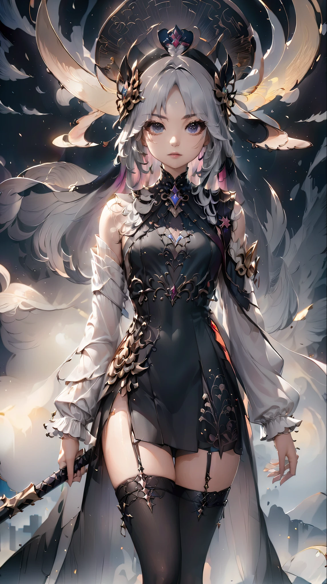 One is wearing a black skirt、With a hat on、woman holding sword, artwork in the style of Guvez, Guvez, Guvez on pixiv artstation, Guvez on artstation pixiv, Anime Fantasy Illustrations, Beautiful character drawing, anime goddess, Anime girl wearing black dress, Beautiful anime art work, Cute anime wearing beautiful dresses