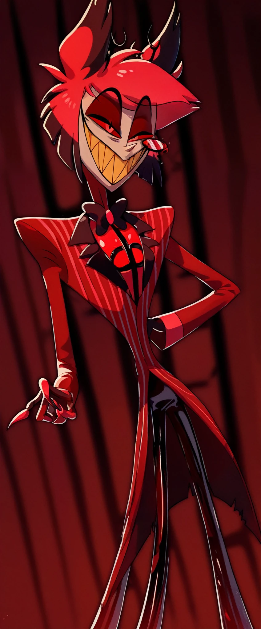 Alastor (Hazbin Hotel), radio demon, sharp toothed grin, ((((dark red formal (((shiny latex suit))) with pinstripes)))), monocle, elegant cane, sinister smile, rendered in blender