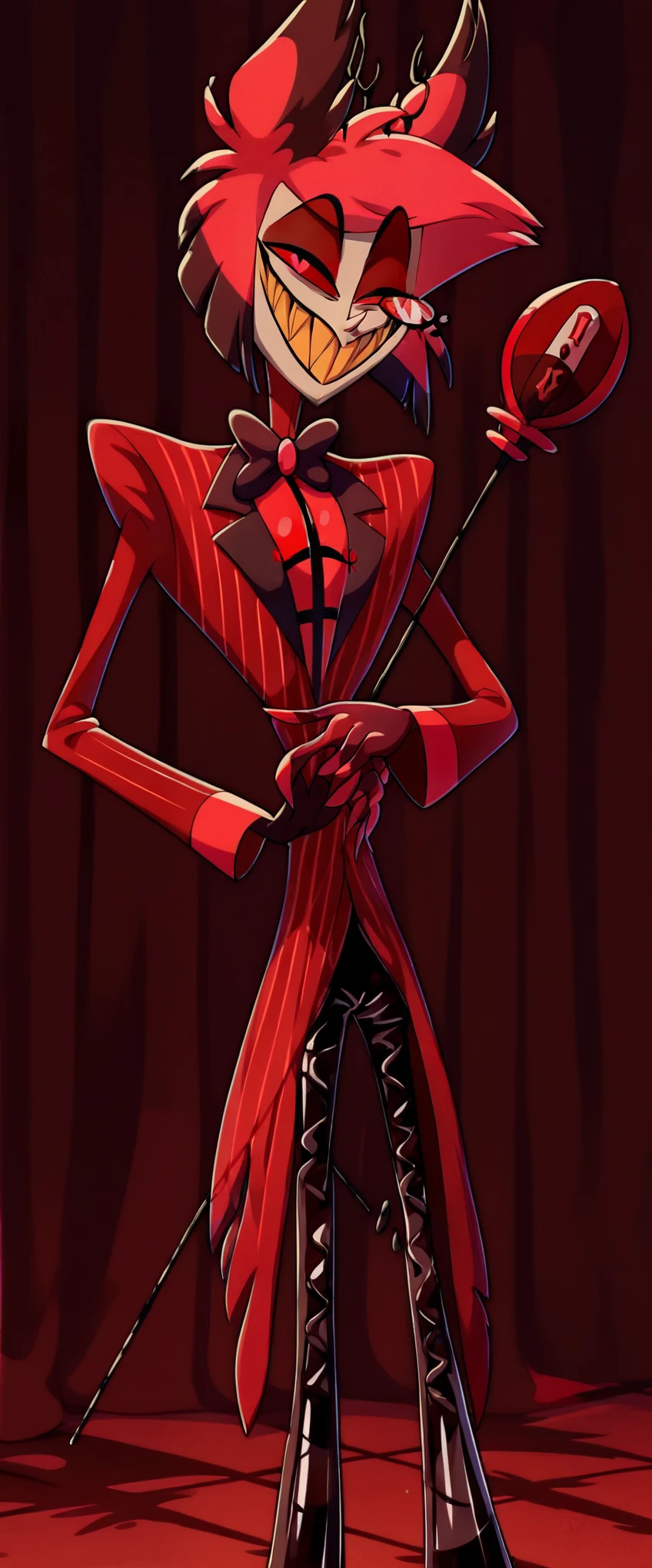 Alastor (Hazbin Hotel), radio demon, sharp toothed grin, ((((dark red formal (((shiny latex suit))) with pinstripes)))), monocle, elegant cane, sinister smile, rendered in blender