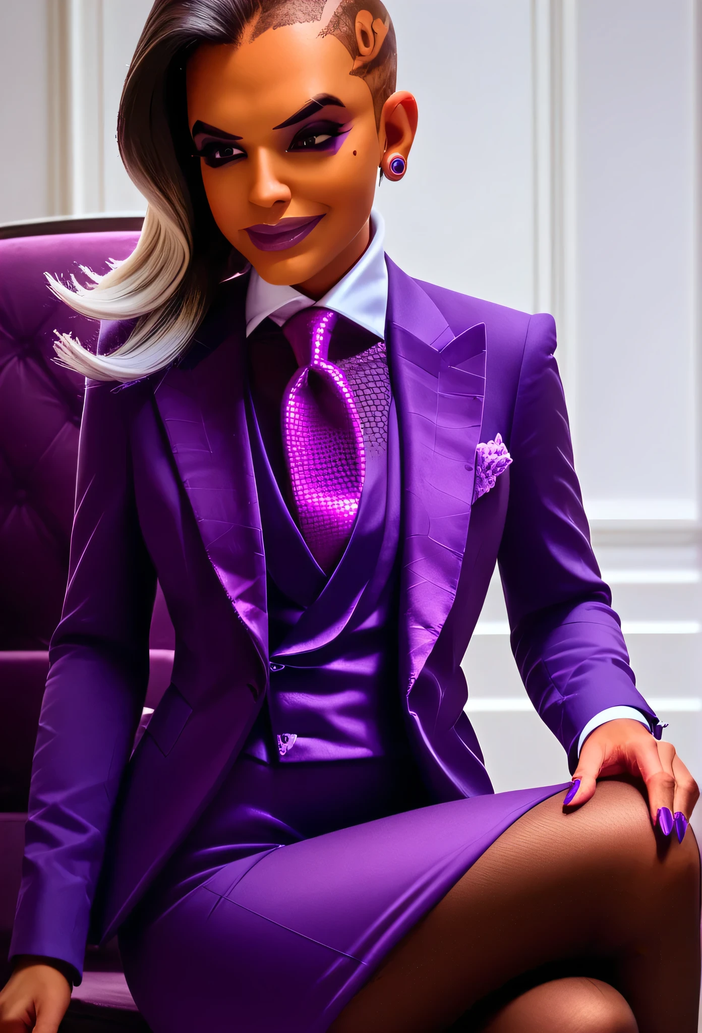 score_9, score_8_up, score_7_up, score_6_up, score_5_up, score_4_up, 3d,
owsombra, smirk, three-piece suit, ((waistcoat)), purple skirt suit, dress shirt, purple necktie, blazer, suit jacket, bodycon pencil skirt, (lilac shirt with white collar), white shirt collar, contrast collar, suit trim, makeup, lipstick, high heels, black pantyhose, elegant, cheeky, holding jacket lapel, hexagon pattern suit, waist up, detailed face, sitting on throne, crossed legs,