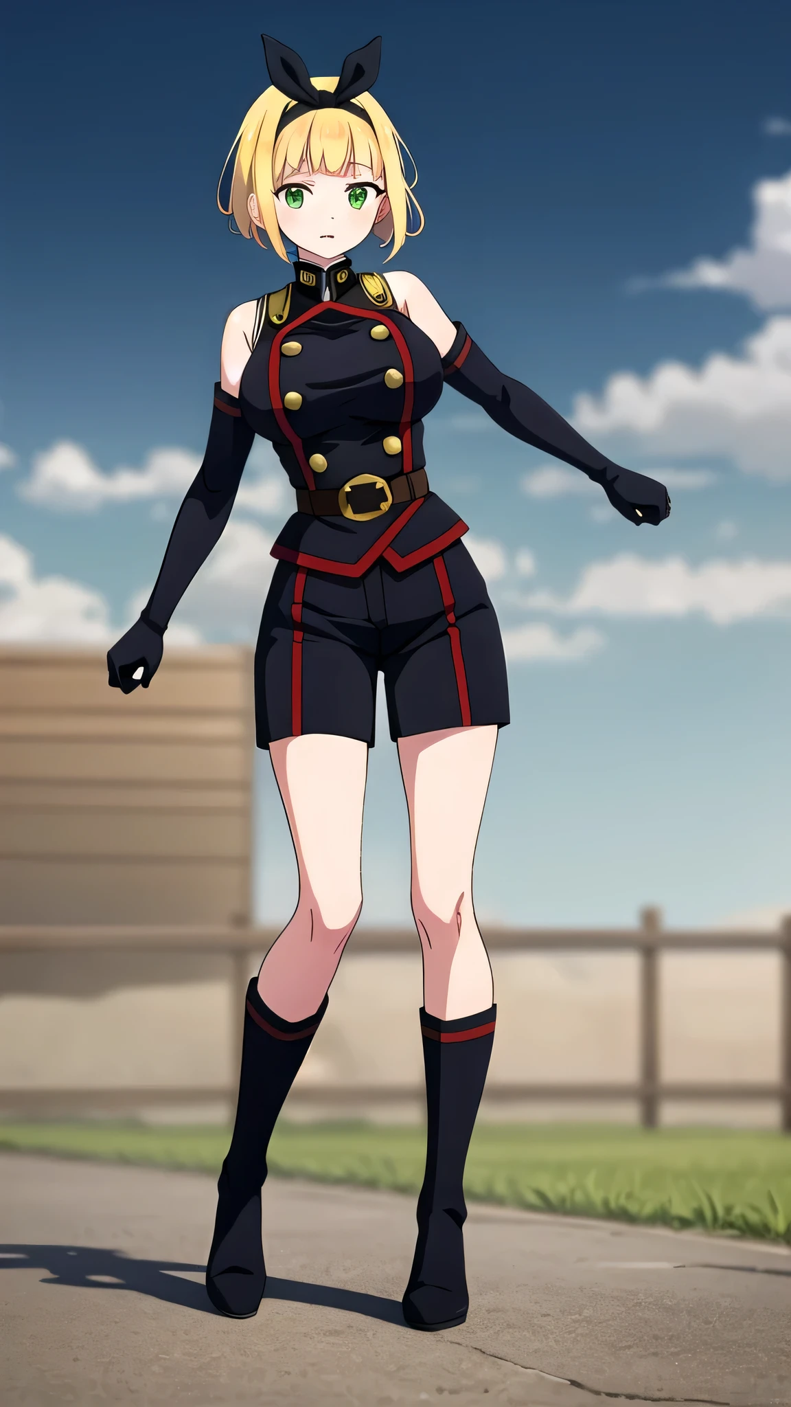 masterpiece, best quality, outdoors, Hands down, black sky background, uniform,  gloves, elbow gloves, belt, black gloves, (shorts),  black shorts, Shushu Suruga, 1girl,  yellow hair, green eyes, looking at viewer, short hair, large breasts, hairband, bangs, (full body, short, front), idle,