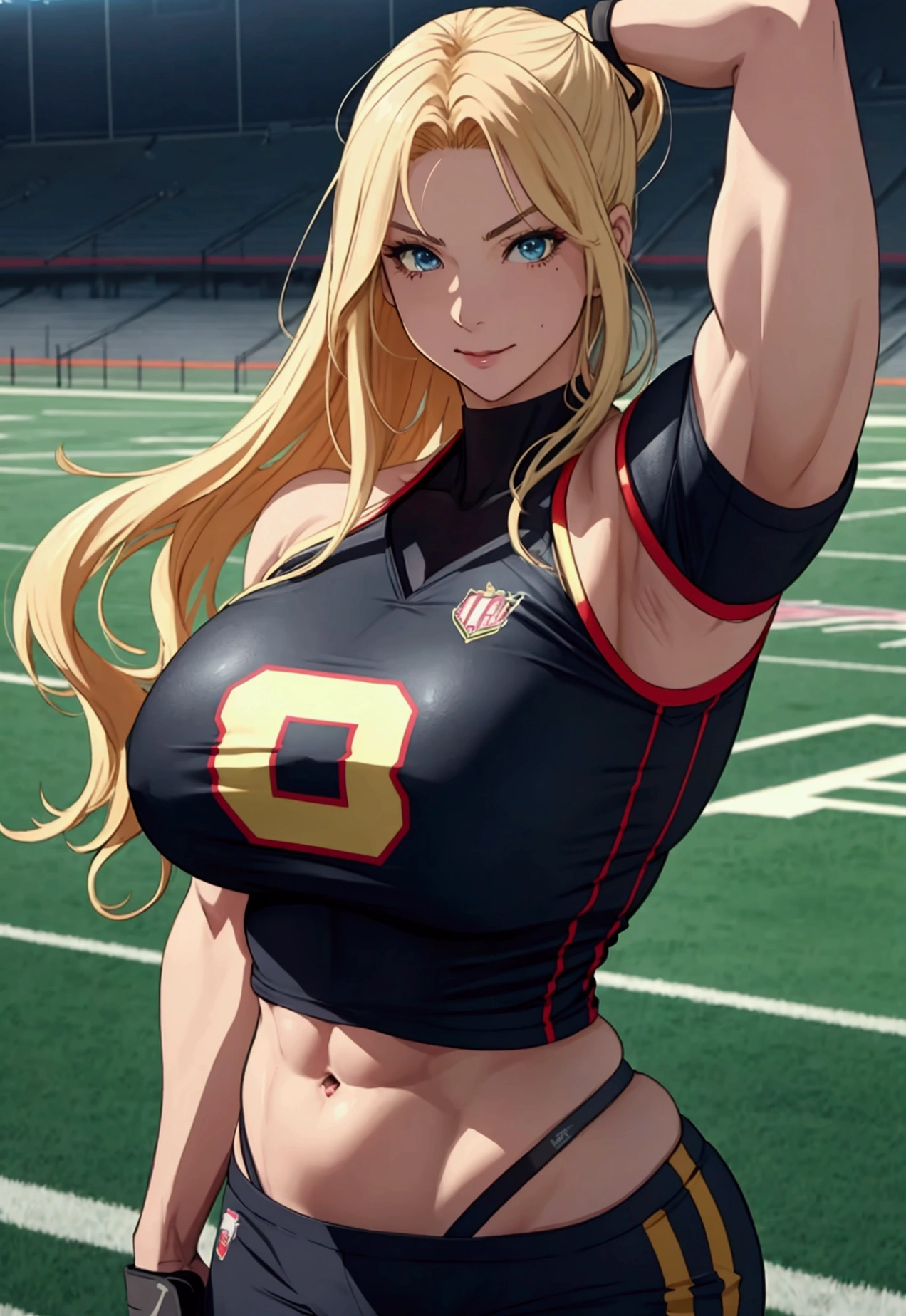 dynamic manga-style illustration featuring a woman with long blonde hair and a flirty expression. She is standing on a football field, flexing her big biceps. She wears a tight football jersey and shoulder pads that highlights her defined muscles, with particularly prominent washboard abs, and very muscular arms. The right arm is raised, causing her large bicep to flex visibly. The left hand is holding a football, She seems happy. The scene is flirtatious, and captures her walking out of practice