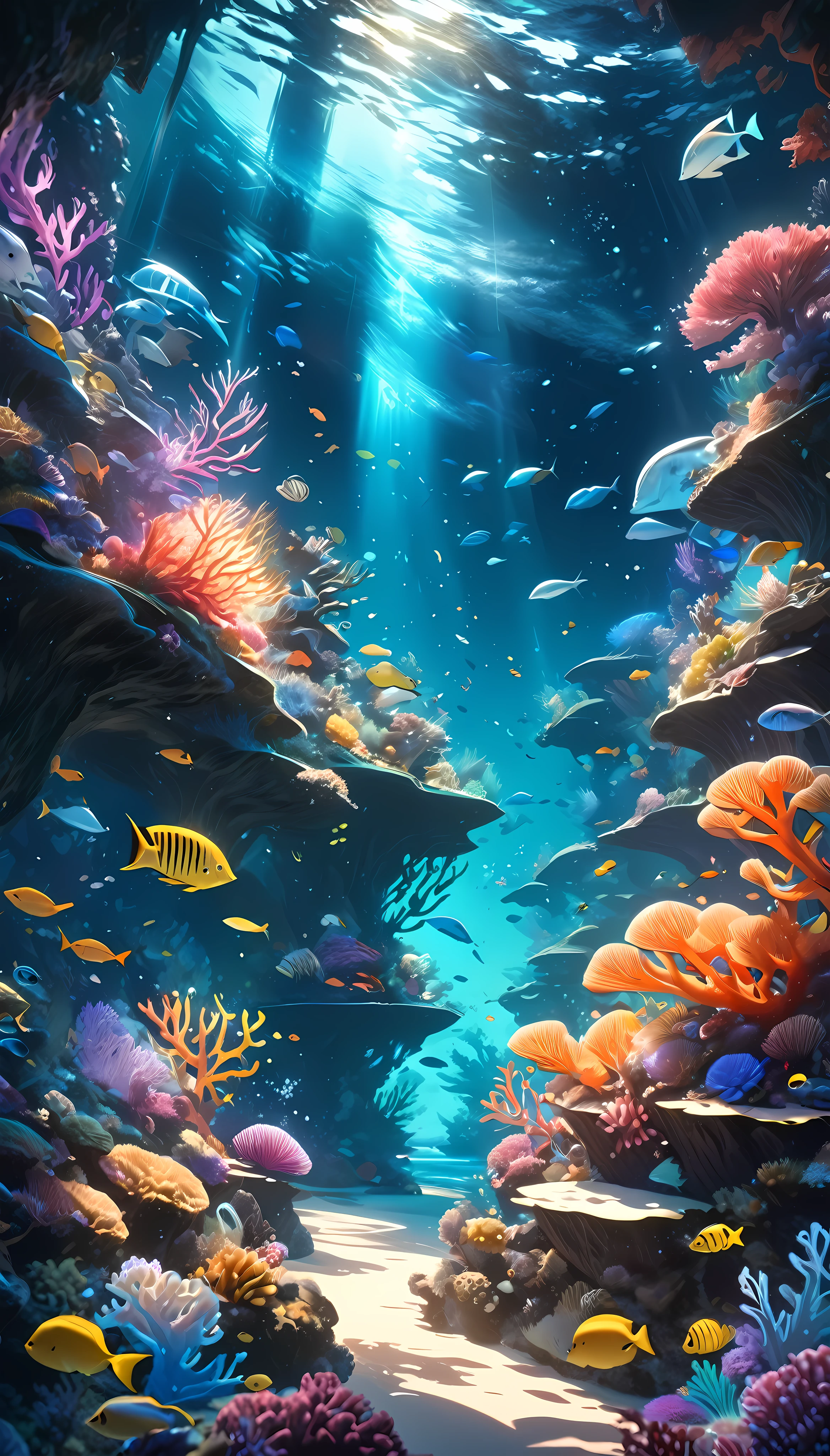 A breathtaking surreal underwater seascape, elegant ocean visuals, vibrant bioluminescent marine life, ethereal glowing colors, shimmering light and shadow play, serene weightless tranquility, abstract digital art, intricate coral formations, stunning otherworldly landscapes, photorealistic 8k, hyper detailed, exquisite lighting and atmospheric depth, cinematic dramatic composition, mystical dreamlike ambience, fantastical imaginative visuals, ultra high definition, masterpiece