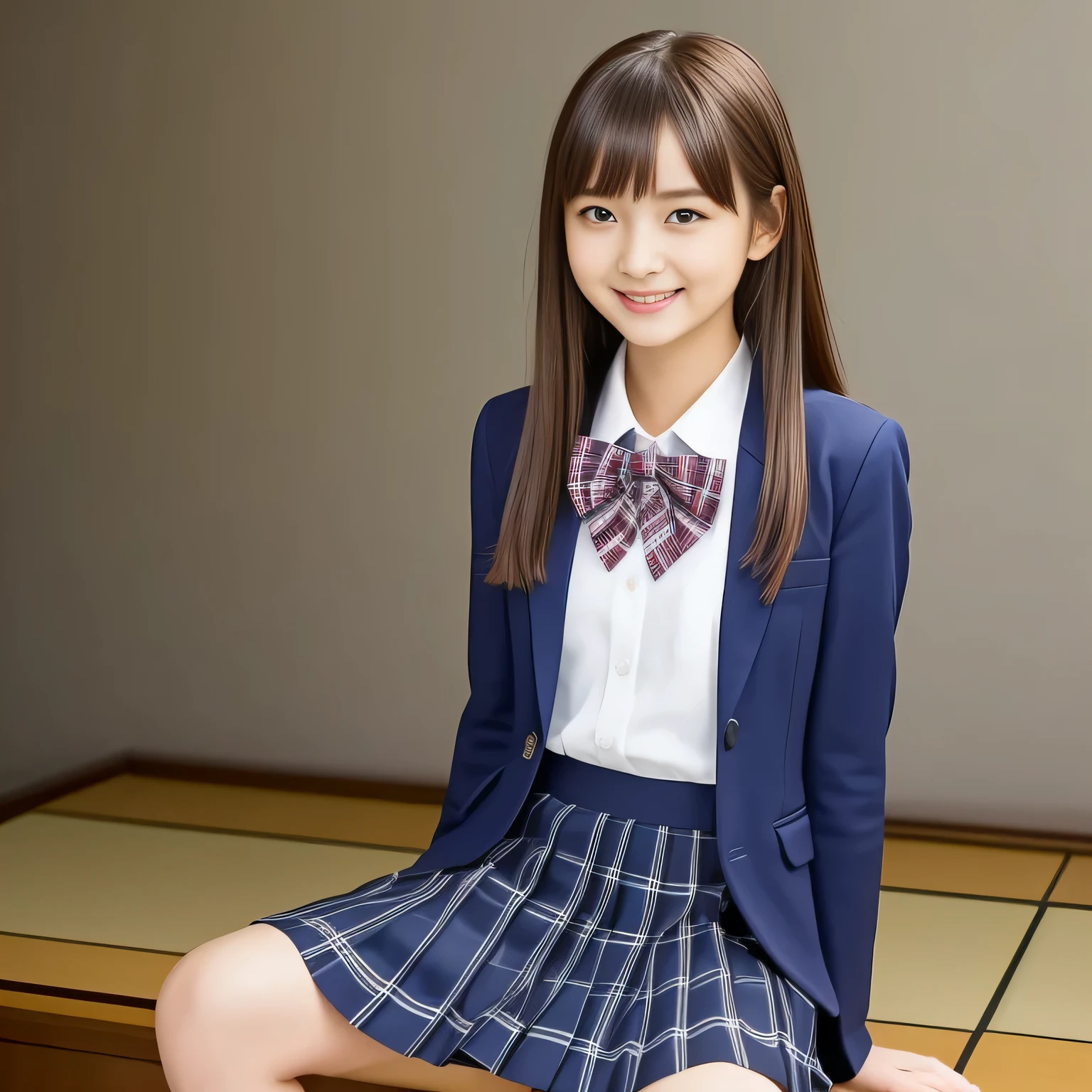 (Highest quality, masterpiece:1.2), Highest quality, High resolution, 1080P, 8k, height: 158cm, alone, (alone, A noble, graceful and intelligent kawaii **** Japanese too-white-skin straight-long-haired most-beautiful-young-model-in-Japan is seated and being interviewed and smiling at me with extreme beatitude, expressing her happiness to me with her kawaii supreme, promoting school uniform designed by Japanese company: 1.8), (background is complete black: 1.0), (Amazed, double-eyelids, completely balanced, brown wet large dreaming eyes with detailed beautifully: 1.6), (Drives me crazy for her navy-colored neat tartan checkered blue skirts and make me fall into her navy-colored tartan checkered skirt: 1.2), (Fine white skin that looks like she has never been out of home: 1.6), (Navy colored school uniform blazer: 1.6), (Navy blue pleated school uniform tartan checkered skirt: 1.5), (Plain-red school ribbon on the breast), (Light-Sky-blue background), (Girl whom everyone loves because of her beauty and neat school fashion and noble manner and magic-charm of succubus: 1.7), full body shot, (jolly face expression), (evenly cut curled bangs), (Selected as the most beautiful girl in school uniform in Japan: 1.8), (ふわふわ系)