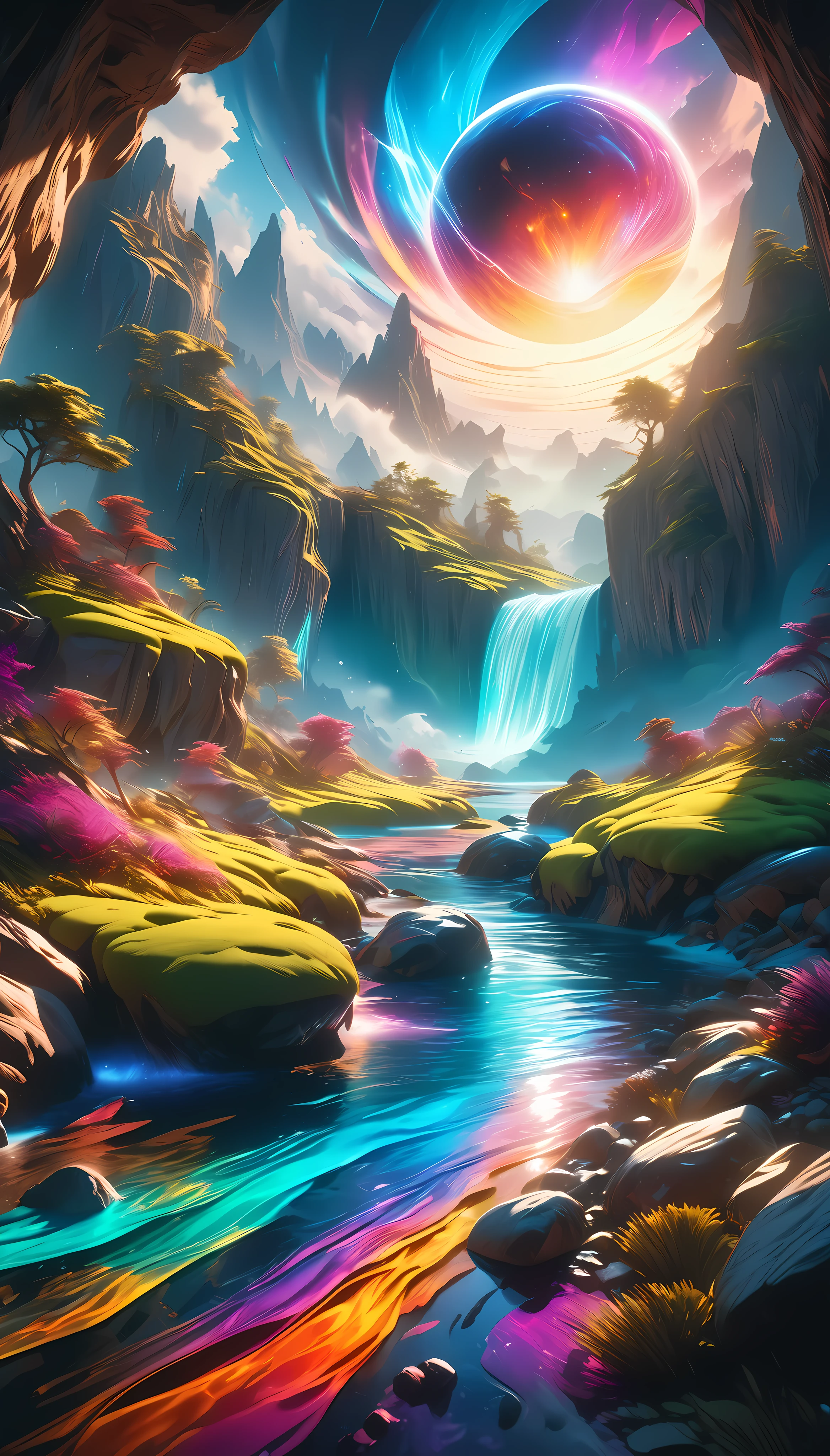 a breathtaking colorful symphony, hyperreal, vibrant colors, glowing ethereal light, dramatic lighting, surreal landscape, otherworldly atmosphere, intricate details, (best quality,4k,8k,highres,masterpiece:1.2),ultra-detailed,(realistic,photorealistic,photo-realistic:1.37),cinematic composition,dramatic shadows,intense contrast,saturated palette,mesmerizing visuals,dreamlike realm,captivating scenery,awe-inspiring beauty