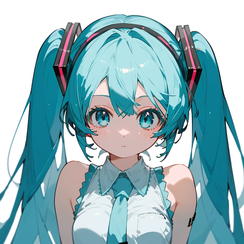 Hatsune Miku, Light blue hair, Light blue eyes, Two hair bands, White background，Simple background