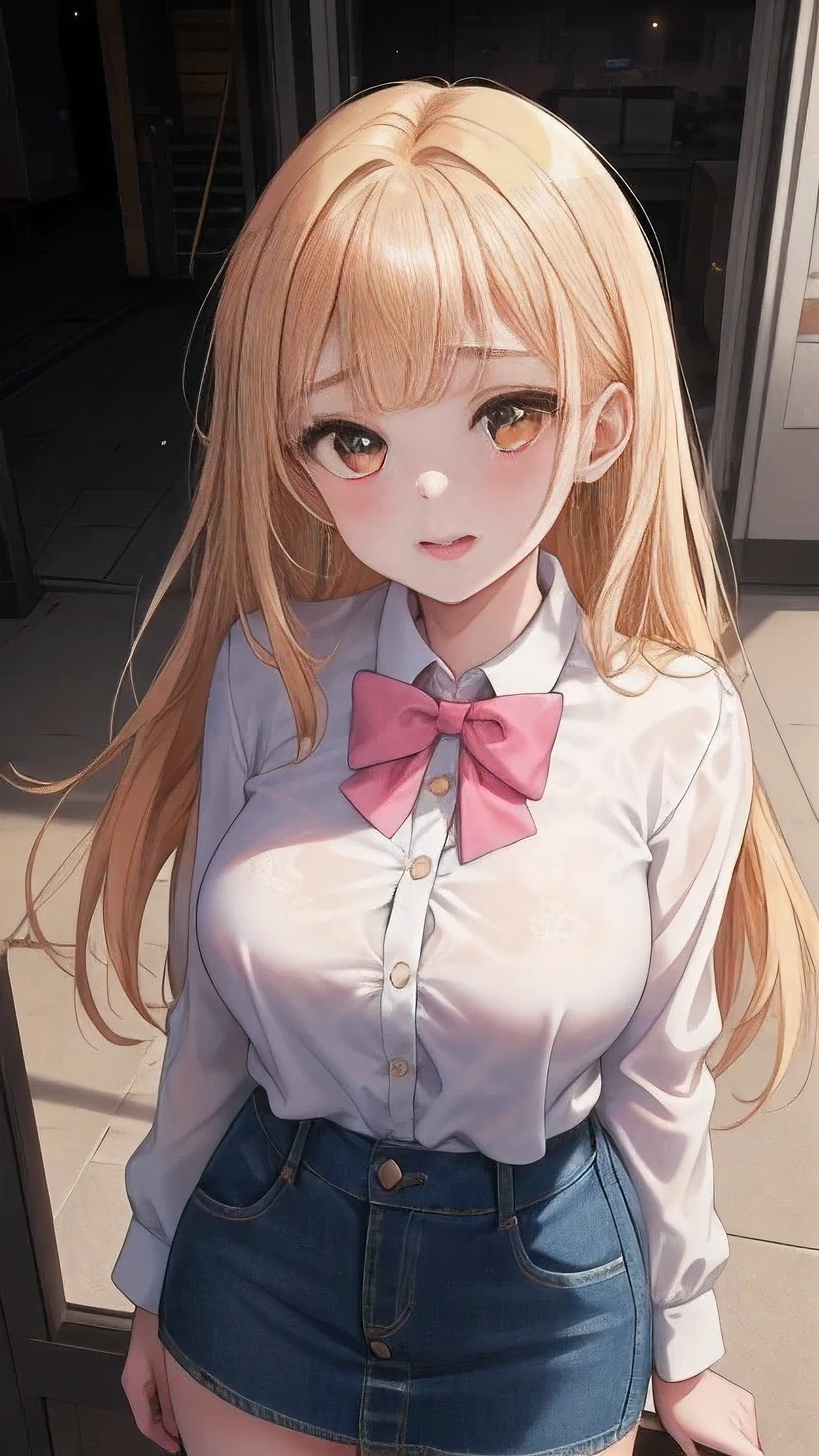 Anime girl with long blonde hair and a bow tie - SeaArt AI