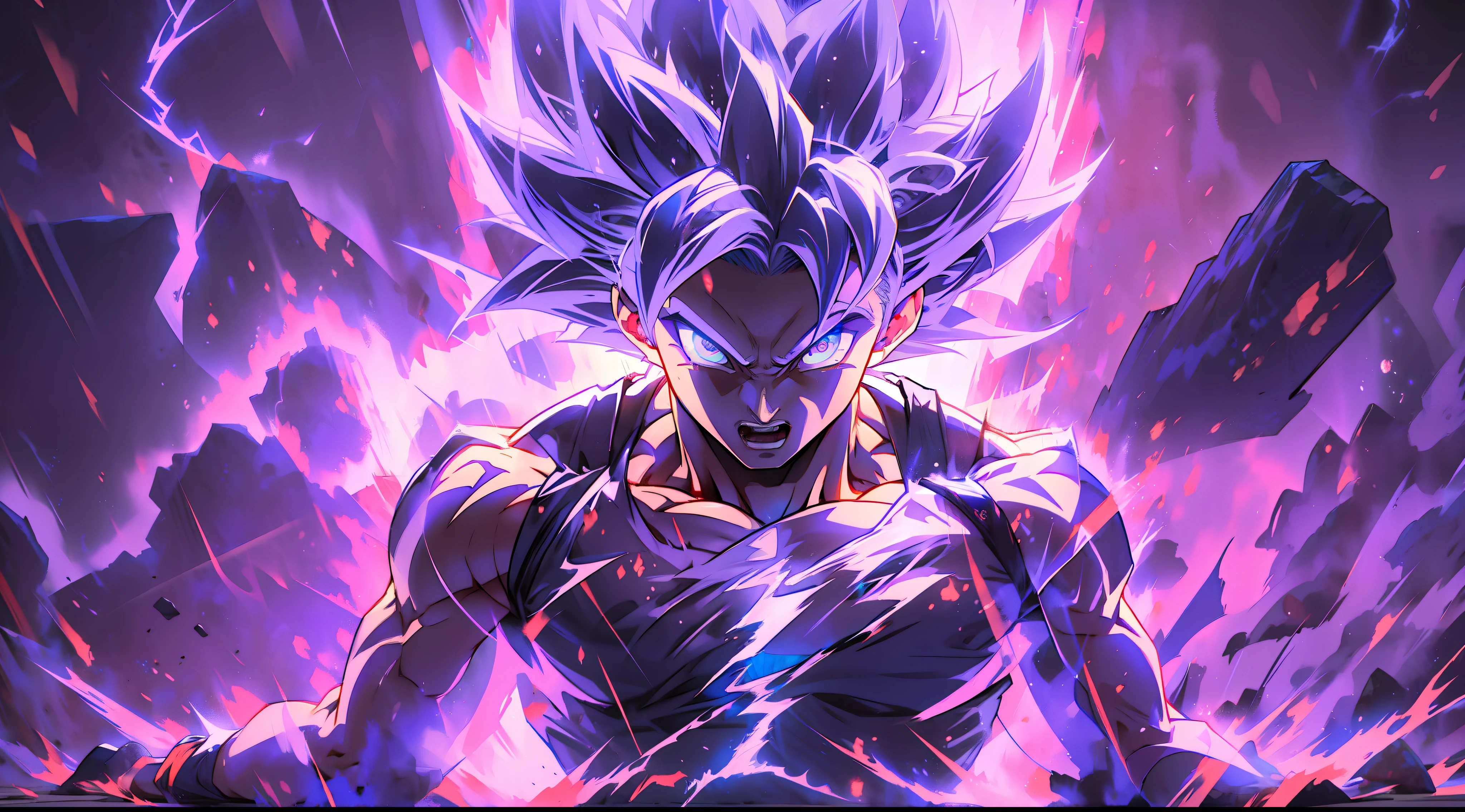 ((best quality)), ((masterpiece)), Son Goku transforming into Ultra Instinct surrounded by a purple aura and a full body shot with lightning, 4k, Cheveux moneyés, Pupils of&#39;money, High details, epic, cinematographic