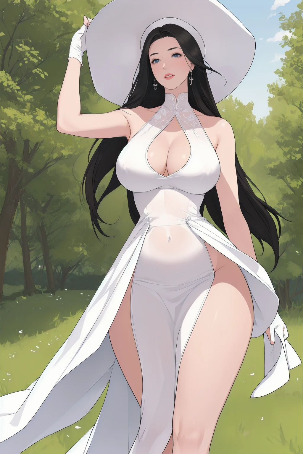 (masterpiece:1.2, best quality), (1 woman, alone),sexy중년여성ication, sexy중년여성, (mature woman), 40 year old woman, assembly, smiling , chapped lips, very detailed, Bright and perfect face, big bust, sagging breasts, (skin dentition), ((thick thighs)), slim waist, hourglass shape,tall ,long legs, (red lips), thick lips, (Voluminous black hair), Very long straight hair, ((big white hat)), blue eyes, long white dress, race, arm gloves,bare shoulders, neckrace, big earrings, (sweating), sexy, blushing, (adult seducer), sexy pose, walking, outdoors, countryside, lawn, flowers, soft lighting, (front view), take one&#39;s own hair, (from below),