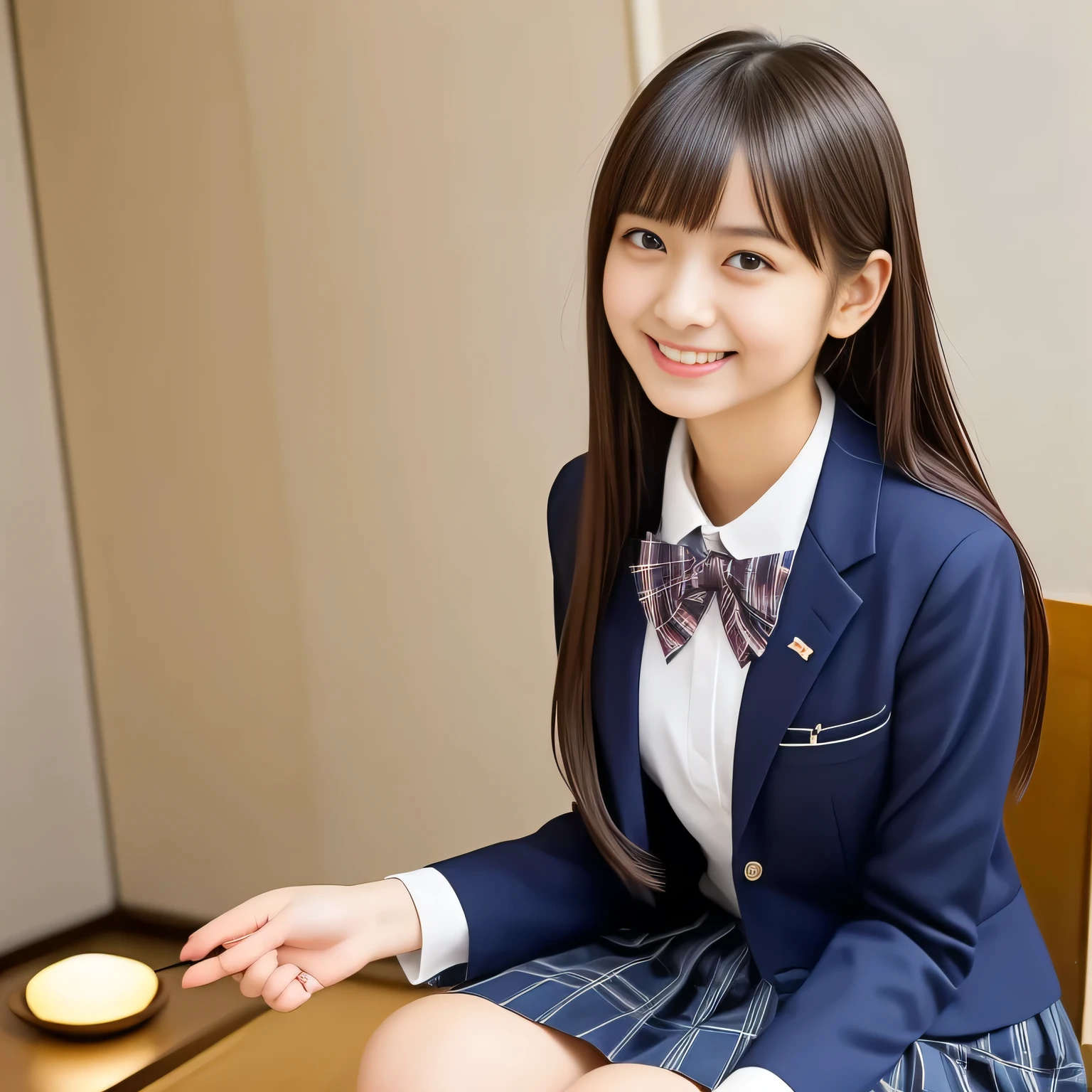 (Highest quality, masterpiece:1.2), Highest quality, High resolution, 1080P, 8k, height: 158cm, alone, (alone, A noble, graceful and intelligent kawaii **** Japanese too-white-skin straight-long-haired most-beautiful-young-model-in-Japan is seated and being interviewed and smiling at me with extreme beatitude, expressing her happiness to me with her kawaii supreme, promoting school uniform designed by Japanese company: 1.8), (background is complete black: 1.0), (Amazed, double-eyelids, completely balanced, brown wet large dreaming eyes with detailed beautifully: 1.6), (Drives me crazy for her navy-colored neat tartan checkered blue skirts and make me fall into her navy-colored tartan checkered skirt: 1.2), (Fine white skin that looks like she has never been out of home: 1.6), (Navy colored school uniform blazer: 1.6), (Navy blue pleated school uniform tartan checkered skirt: 1.5), (Plain-red school ribbon on the breast), (Light-Sky-blue background), (Girl whom everyone loves because of her beauty and neat school fashion and noble manner and magic-charm of succubus: 1.7), full body shot, (jolly face expression), (evenly cut curled bangs), (Selected as the most beautiful girl in school uniform in Japan: 1.8), (Fluffy), (Sitting on the sacred altar)