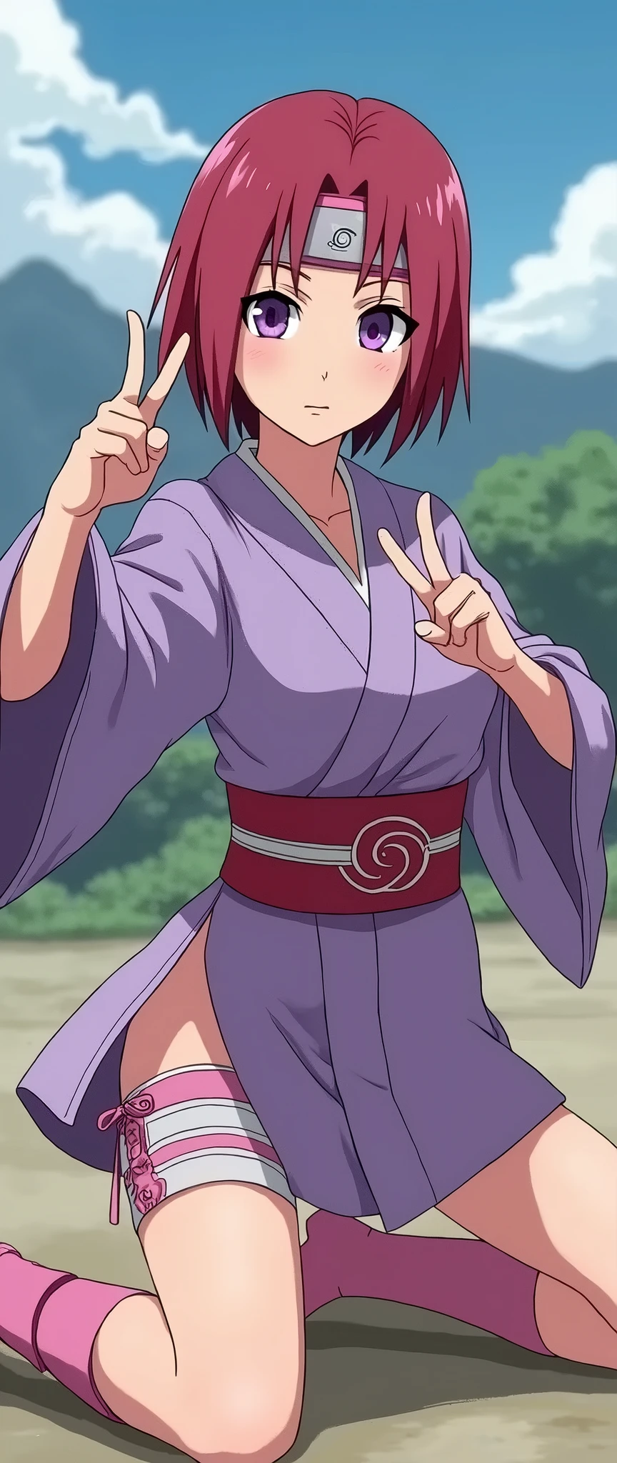 best quality, masterpiece, topknot, medium hair, breasts apart, seductive smile, pants, anime, character, beta, yuzuriha, jigokuraku, kizuki, yuzuriha_(jigokuraku), purple hair, brown eyes, ninja, bukkake, top knot, dress, torn clothes, perfect