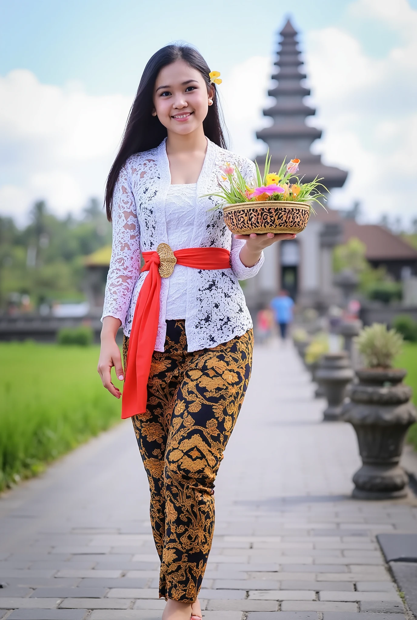 (masterpiece, best quality:1.2), 1girl, Alone, flower, kebaya_Bali, white_kebaya_bali, stands on bridge, smiling, Bali temple background, beach, holding sign with text "Gadis Jelita"