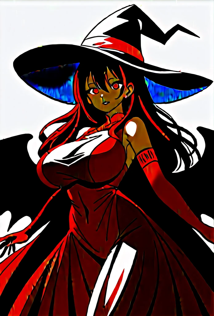 (masterpiece, Best Quality, 1 tall woman, serious and cold, cute tight white dress and a white hat, great attributes, medium black hair, cold red eyes, Session, terrifying black background, Sunset, old terrace, camera pointing from below her breasts