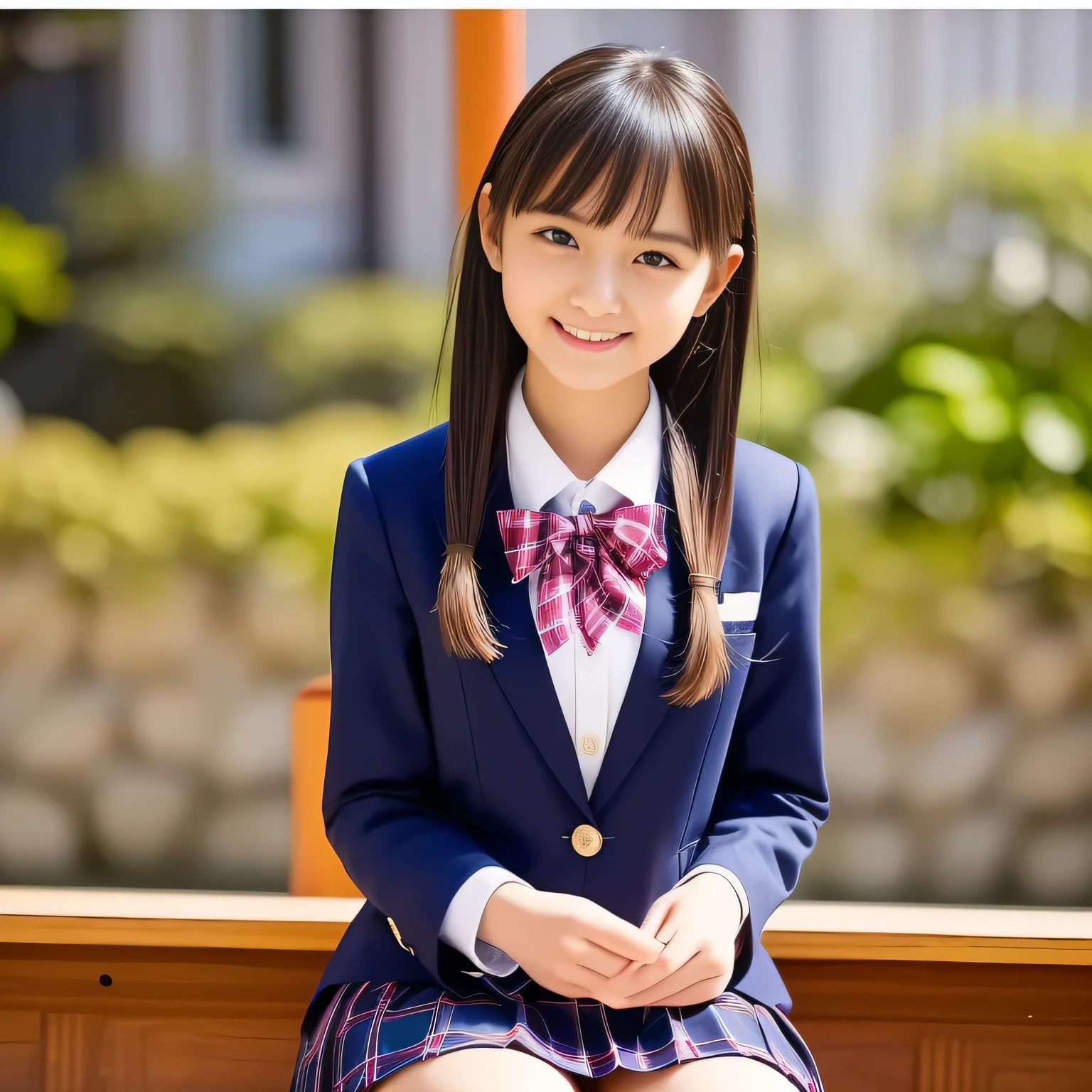 (Highest quality, masterpiece:1.2), Highest quality, High resolution, 1080P, 8k, height: 158cm, alone, (alone, A noble, graceful and intelligent kawaii **** Japanese too-white-skin straight-long-haired most-beautiful-young-model-in-Japan is seated and being interviewed and smiling at me with extreme beatitude, expressing her happiness to me with her kawaii supreme, promoting school uniform designed by Japanese company: 1.8), (background is complete black: 1.0), (Amazed, double-eyelids, completely balanced, brown wet large dreaming eyes with detailed beautifully: 1.6), (Drives me crazy for her navy-colored neat tartan checkered blue skirts and make me fall into her navy-colored tartan checkered skirt: 1.2), (Fine white skin that looks like she has never been out of home: 1.6), (Navy colored school uniform blazer: 1.6), (Navy blue pleated school uniform tartan checkered skirt: 1.5), (Plain-red school ribbon on the breast), (Light-Sky-blue background), (Girl whom everyone loves because of her beauty and neat school fashion and noble manner and magic-charm of succubus: 1.7), full body shot, (jolly face expression), (evenly cut curled bangs), (Selected as the most beautiful girl in school uniform in Japan: 1.8), cute cute cute, too cute!