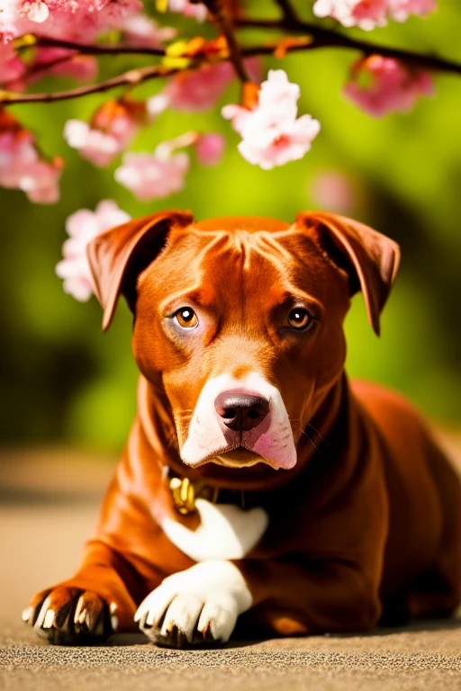 cute brown pitbull smiling at the camera, gold eyes, closeup, portrait, solo, artistic, cherry blossoms in the background, blurred background, (masterpiece, best quality:1.2)