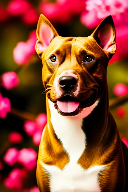 cute brown pitbull smiling at the camera, gold eyes, closeup, portrait, solo, artistic, cherry blossoms in the background, blurred background, (masterpiece, best quality:1.2)