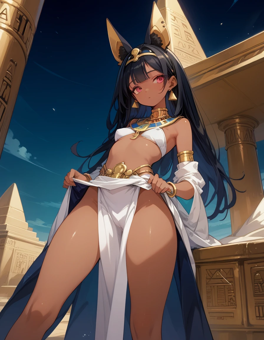 ((Masterpiece)), ((best quality)), Very pretty Egyptian girl, smiling, cute eyes, (put on cat ears), cool pose, crystal Ornaments, light particles, dark skin, worried girl, cute world, really happy, ancient ruined overgrown, naked, ((place hands on hips)),pussy cum,fuking