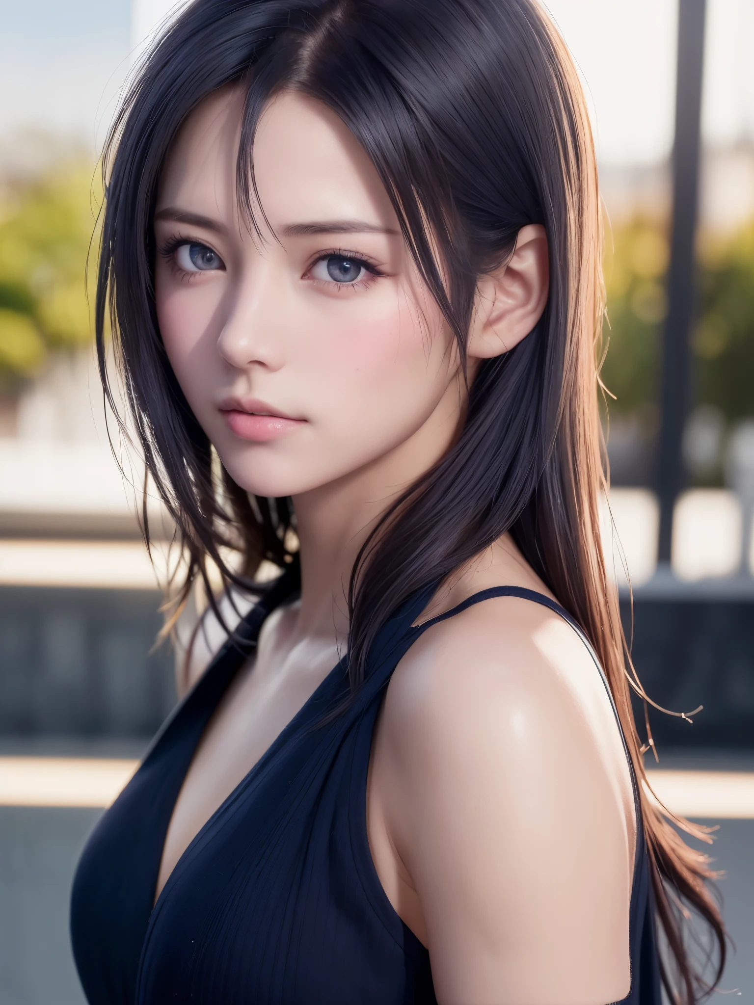 (8K, Highest quality:1.2), Extremely detailed, thorough resolution, (realistic, realistic photo: 1.37), Portrait, high definition RAW photograph, professionally arrested, high definition and beautiful, high definition, 8K Image photo, Volumetric Lighting, frank, Professional photography, Amazing details, highly detailed beautiful girl, Extremely detailed face, Finely defined eyes, fine texture skin, Every feature is meticulously displayed, The fingers were neatly outlined, The nose has a precise shape, expressive lips, perfect anatomy, background is not blurred, one story, (20:1.2), Twenty generations, cute girl, Brown hair, Long straight hair, shiny amber eyes, Red lips, Cleavage, particle, realistic, 8k Ultra HD, Soft Light, high quality,