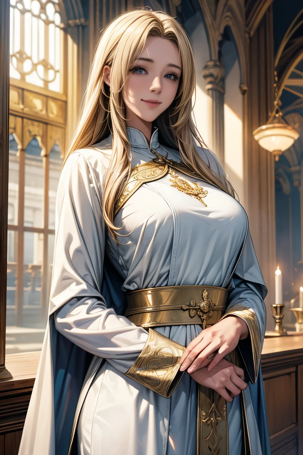 Perfect natural light、8K High Resolution、High resolution、Beautiful woman、masterpiece、Beautiful Mature Woman、RPG style different world、Blonde Saint、Light Spirit Magic、Large Breasts、Pilgrimage、Delicately decorated sacred vestments、smile