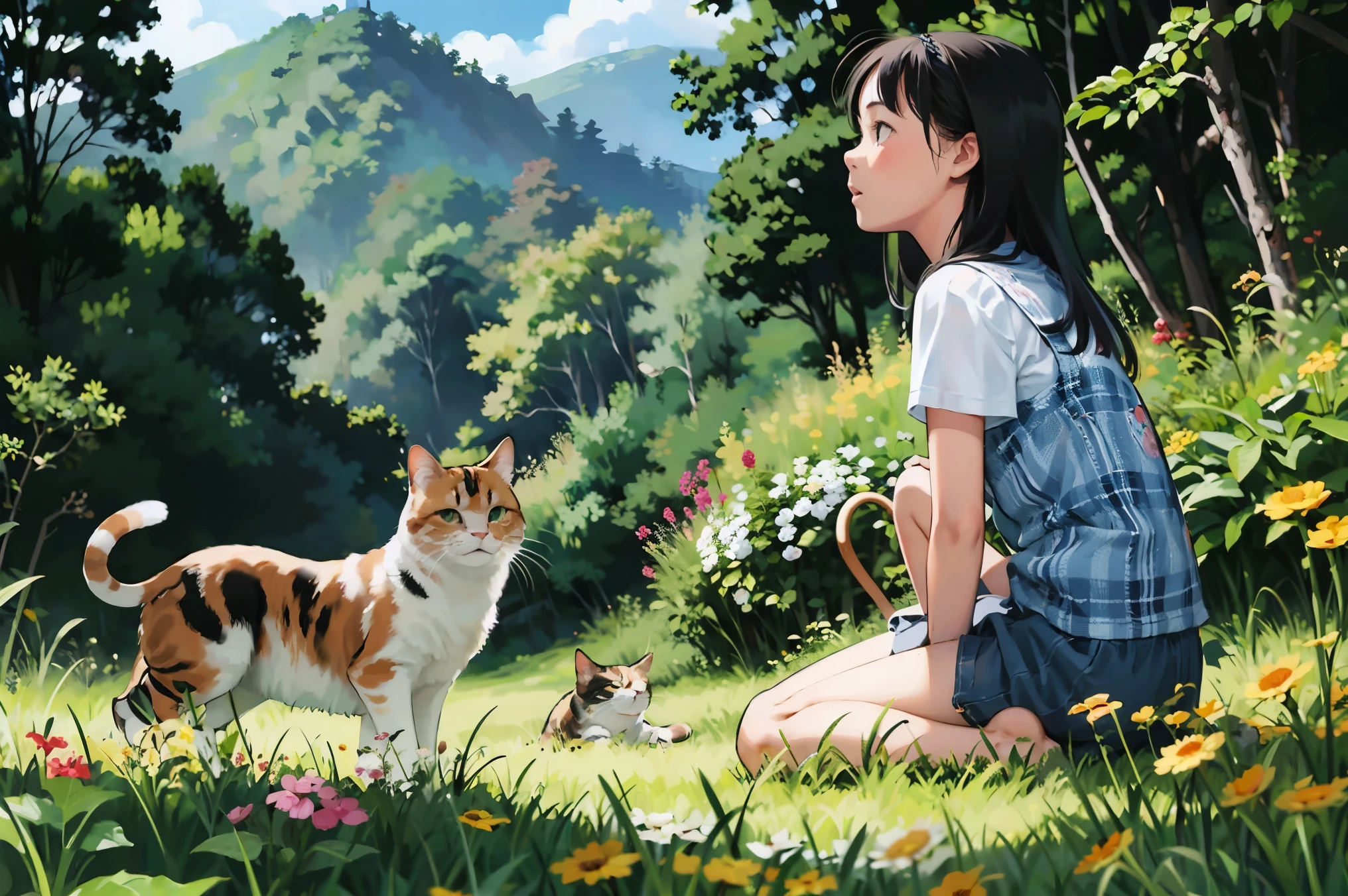 Three Girls、Black Hair, Short Hair、Long Hair, Hair Ties, Hairbands, Hair accessories, Straw hat、Shorts, skirt、(A calico cat wanders around)、Dappled sunlight、Outdoor, nature, wood々、 grassland、countryside、Suburban、(Blur the background)、4K、8k、wallpaper、Best Quality、High image quality、masterpiece、