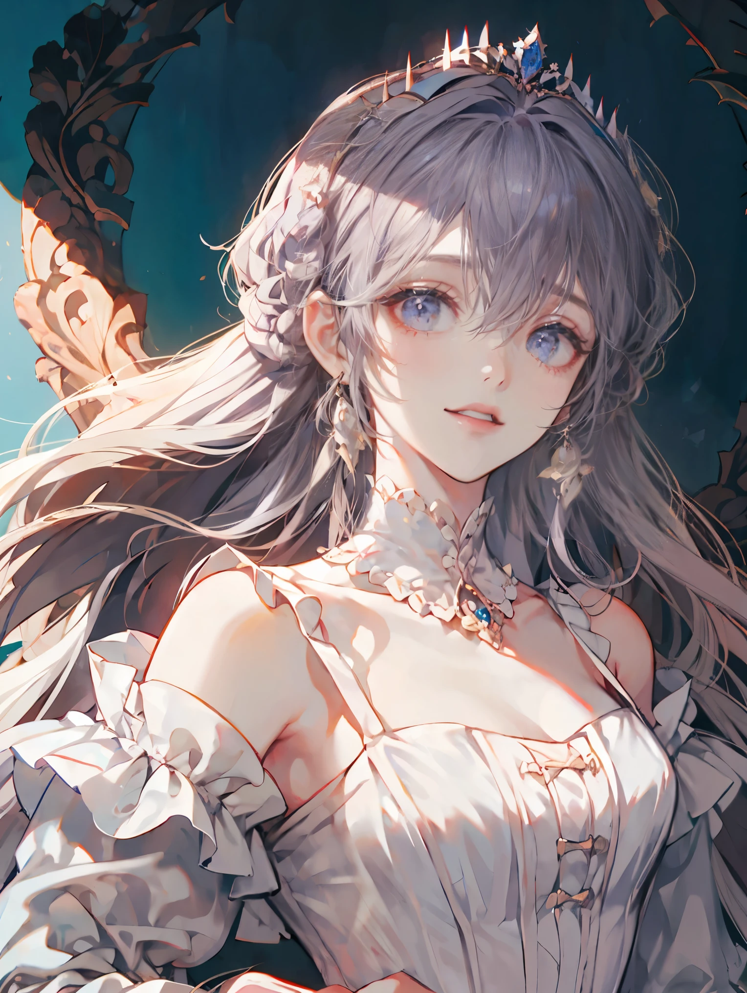 Masterpiece, Superb Girl, Full Moon Night, 1 Girl, Mature Woman, Blue Eyes, Sister, Royal Sister, Cold Face Expressionless Silver-White Long Haired Woman, Light Pink Lips, Calm and Intellectual Three Banded Gray Pupil Assassin Short Knife, Flower, Hand Details, Facial Details, Delicate Makeup, Golden Dress