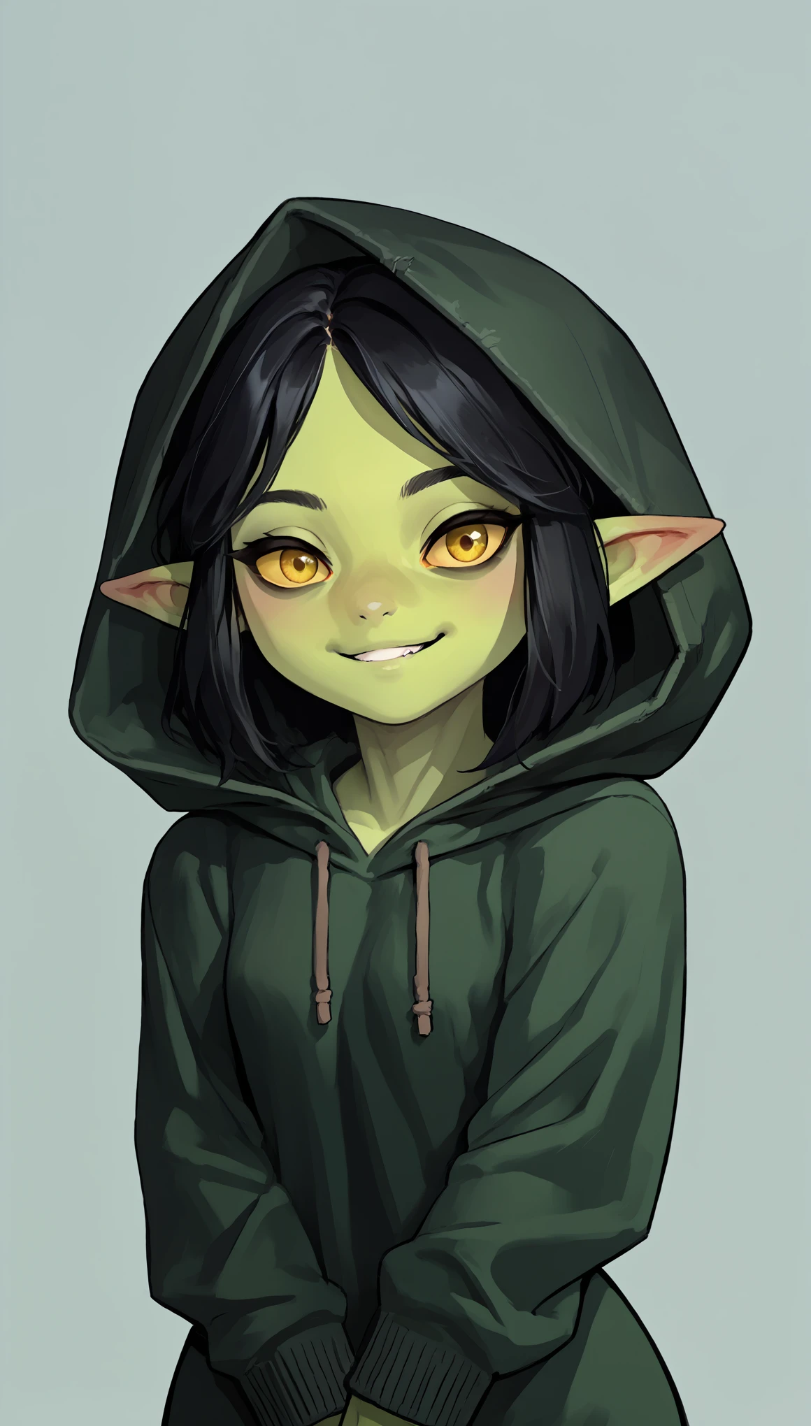 (zPDXL2), (PonyXLV6_Scores), source_anime, source_anthro, source_furry, Expressiveh, solo, four-quarter portrait, BREAK
masterpiece, best quality,
1girl, nott, black hair, yellow eyes, colored sclera, pointy ears, colored skin, green skin, shortstack, hood,
smile, upper body, solo, looking at viewer, simple background
