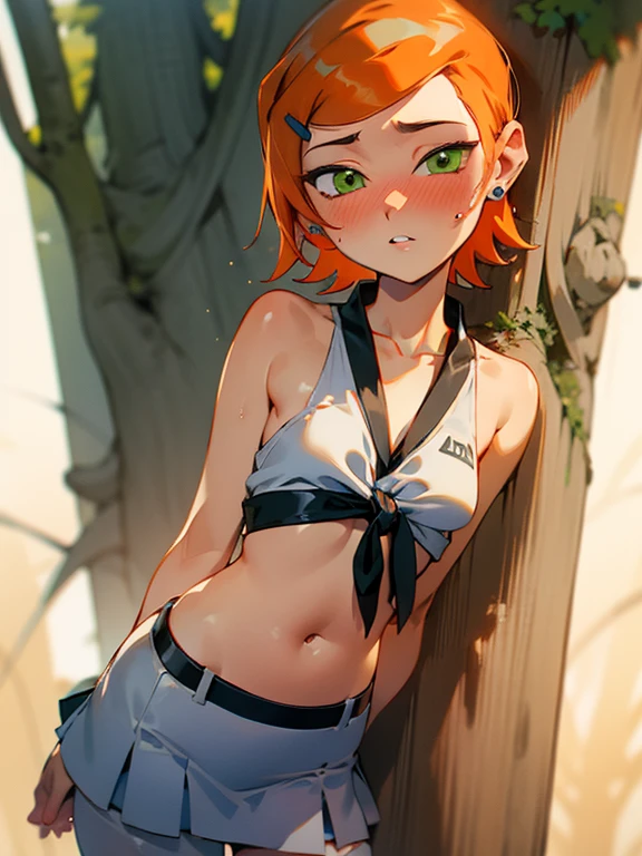 (Masterpiece), Best Quality, ultra-detailed, 1girl (Gwendolyn_Tennyson, breasts, orange hair, short hair, green eyes, half-closed eyes), a face in love,  smile, parted lips, nose blush, blush  , looking at viewer, solo, white tank_top (tied), navel, purple skirt, ultra mini skirt, 
skirt lift , white thighhighs, white panty(wet), forest,  standing,  Sexy waist teasing,skirt lift, spread legs, love juice flows out of her pussy, from_below 