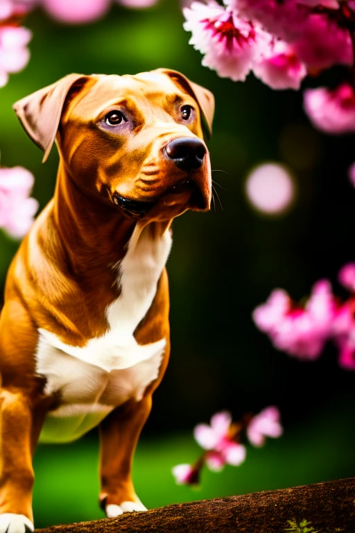 brown pitbull smiling at the camera tipping its head to the side, gold eyes, closeup, portrait, solo, artistic, cherry blossoms in the background, (masterpiece, best quality:1.2)