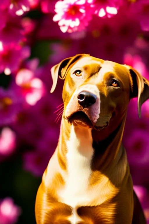 brown pitbull smiling at the camera tipping its head to the side, gold eyes, closeup, portrait, solo, artistic, cherry blossoms in the background, (masterpiece, best quality:1.2)