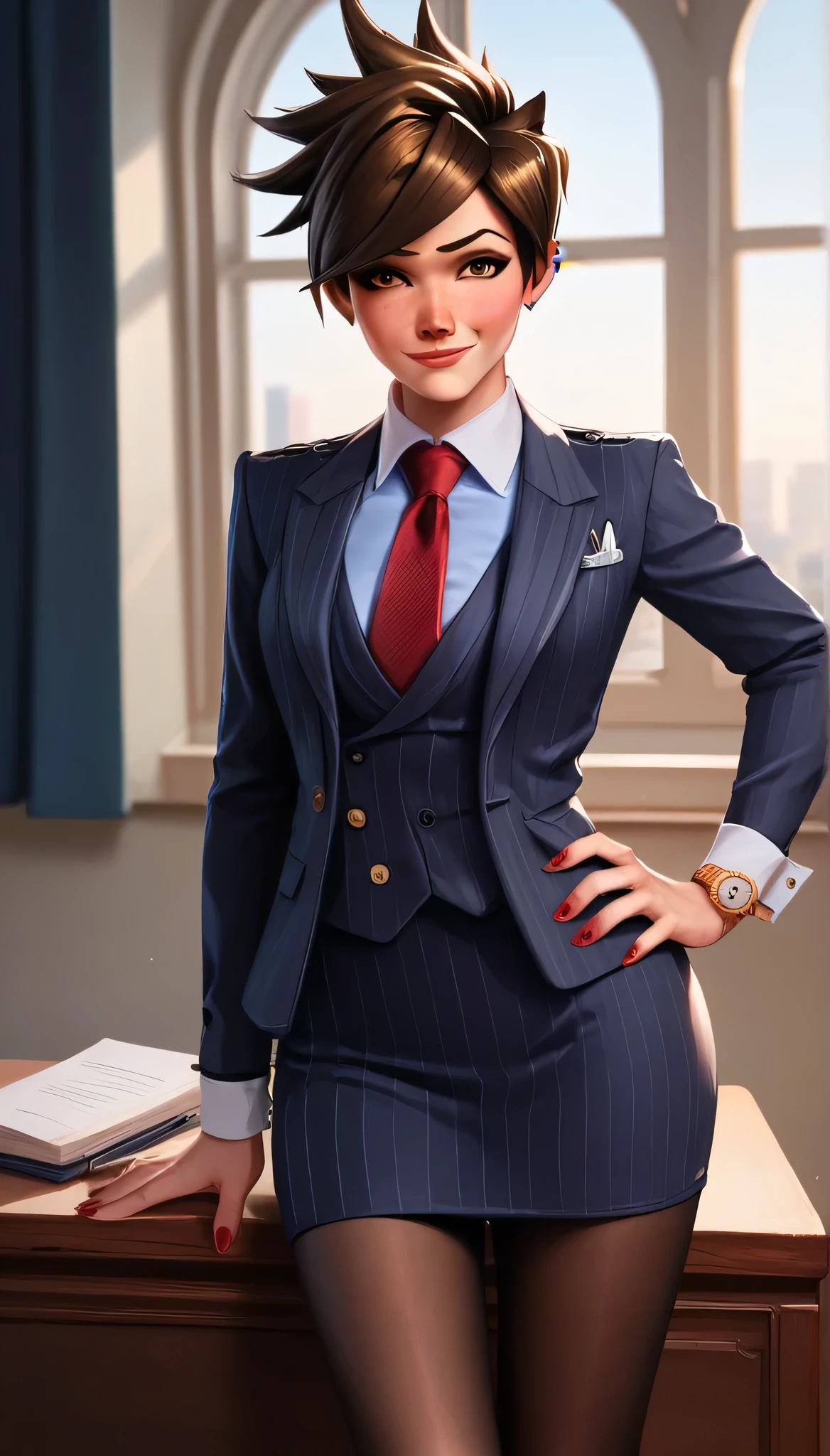 score_9, score_8_up, score_7_up, score_6_up, source_anime,  three-piece suit, tracer, 1girl, solo, brown hair, short hair, freckles, smile, pretty, formal, jewelry, navy pinstripe suit, red silk necktie, earrings, jacket, shirt, standing, hand on hip, window, black eyes, watch, navy pinstripe jacket, wristwatch, light blue shirt with white collar, red lips, navy pinstripe skirt, makeup, black pantyhose, cufflinks, black lapel trim, brown eyes, red nails,High Resolution, Blush, white cuffs, hand on desk, 