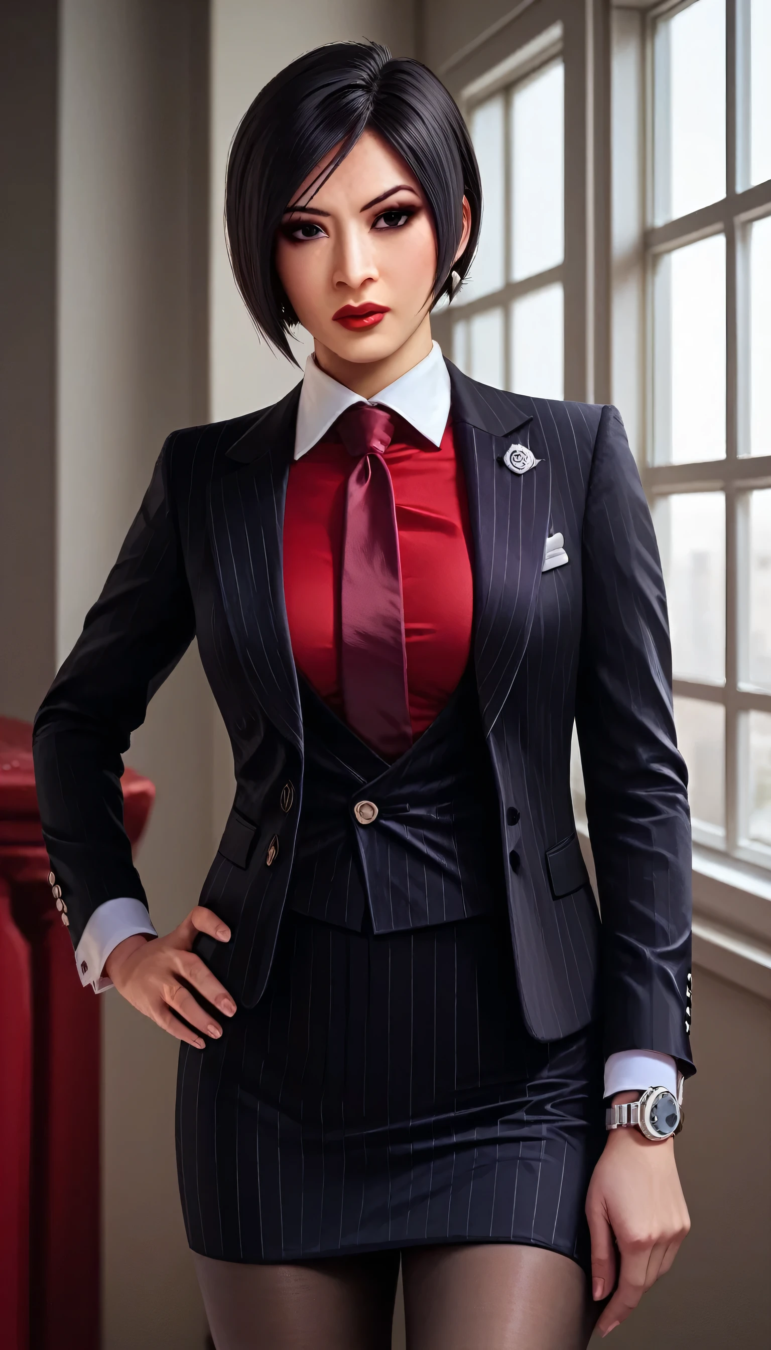 score_9, score_8_up, score_7_up, score_6_up, source_anime, three-piece suit, 1girl, solo, asian woman, ada wong, black hair, short hair, formal, jewelry, black pinstripe suit, (((red silk necktie))), earrings, jacket, shirt, standing, hand on hip, window, black eyes, watch, black pinstripe jacket, wristwatch, red shirt, red lips, black pinstripe skirt, makeup, pantyhose, cufflinks,