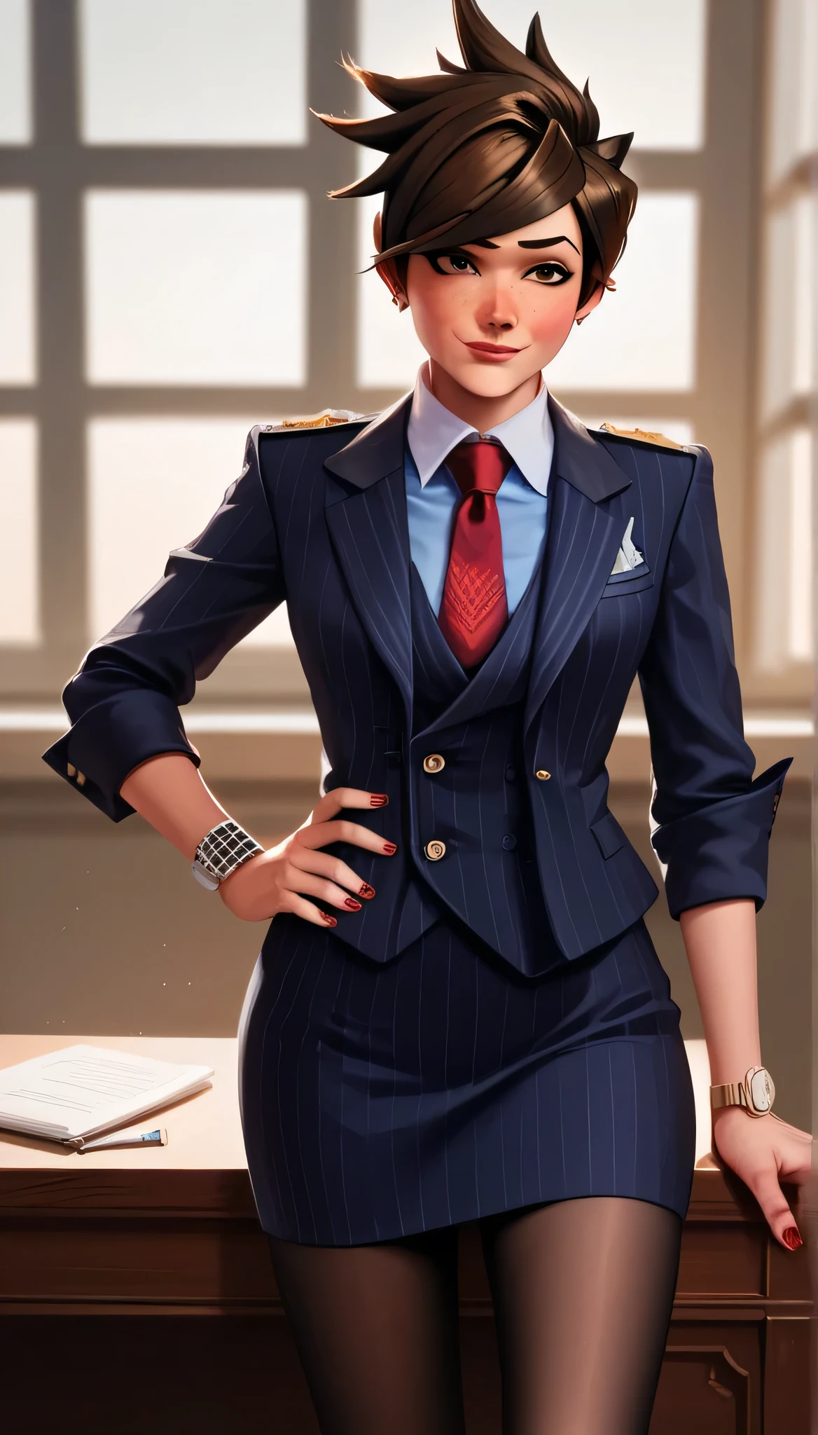 score_9, score_8_up, score_7_up, score_6_up, source_anime,  three-piece suit, tracer, 1girl, solo, brown hair, short hair, freckles, smile, pretty, formal, jewelry, navy pinstripe suit, red silk necktie, earrings, jacket, shirt, standing, hand on hip, window, black eyes, watch, navy pinstripe jacket, wristwatch, light blue shirt with white collar, red lips, navy pinstripe skirt, makeup, black pantyhose, cufflinks, black lapel trim, brown eyes, red nails,High Resolution, Blush, hand on desk, 