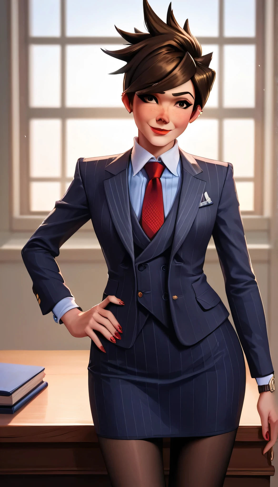 score_9, score_8_up, score_7_up, score_6_up, source_anime,  three-piece suit, tracer, 1girl, solo, brown hair, short hair, freckles, smile, pretty, formal, jewelry, navy pinstripe suit, red silk necktie, earrings, jacket, shirt, standing, hand on hip, window, black eyes, watch, navy pinstripe jacket, wristwatch, light blue shirt with white collar, red lips, navy pinstripe skirt, makeup, black pantyhose, cufflinks, black lapel trim, brown eyes, red nails,High Resolution, Blush, hand on desk, 