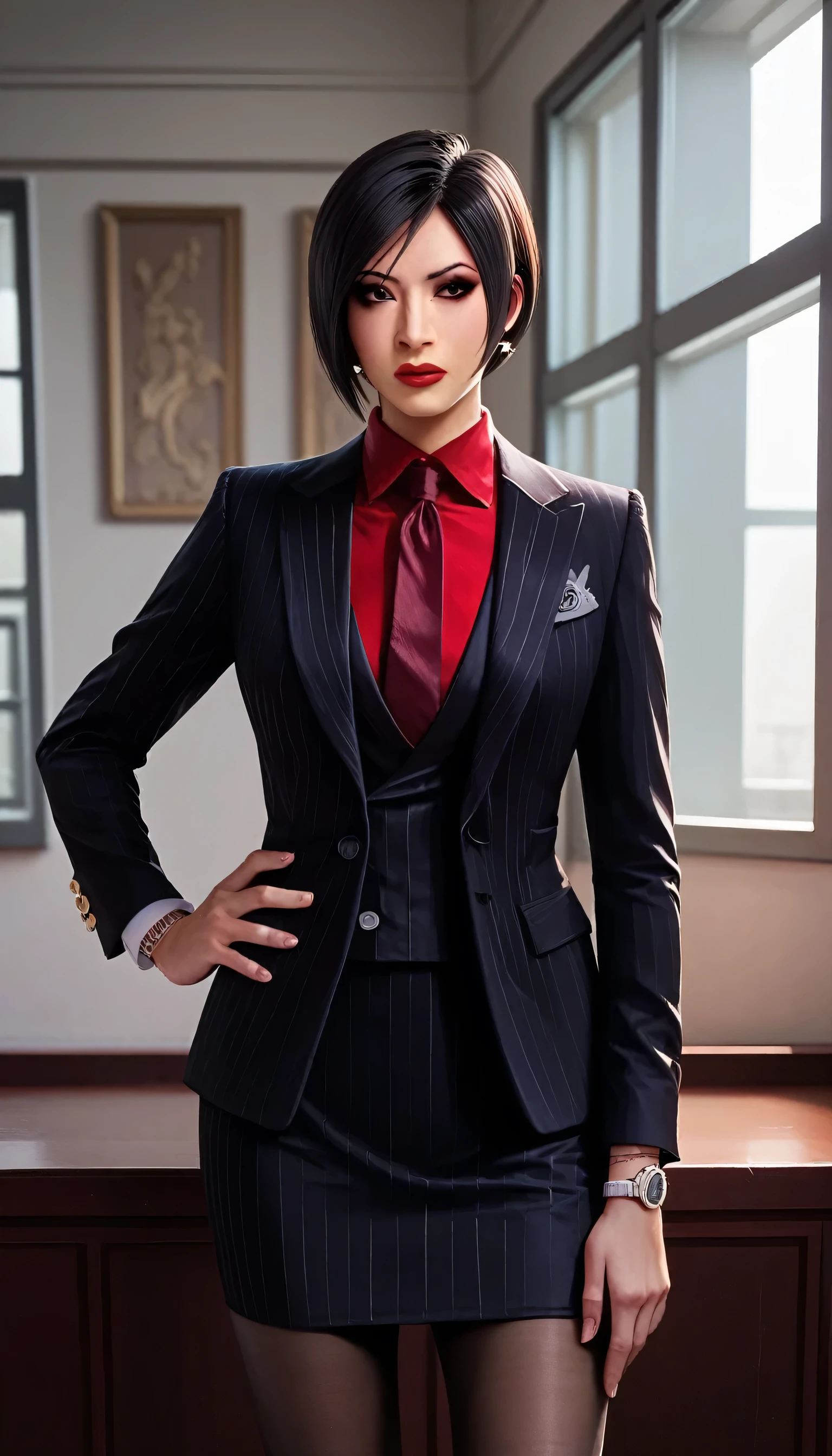 score_9, score_8_up, score_7_up, score_6_up, source_anime, three-piece suit, 1girl, solo, asian woman, ada wong, black hair, short hair, formal, jewelry, black pinstripe suit, (((red silk necktie))), earrings, jacket, shirt, standing, hand on hip, window, black eyes, watch, black pinstripe jacket, wristwatch, red shirt, red lips, black pinstripe skirt, makeup, pantyhose, cufflinks,