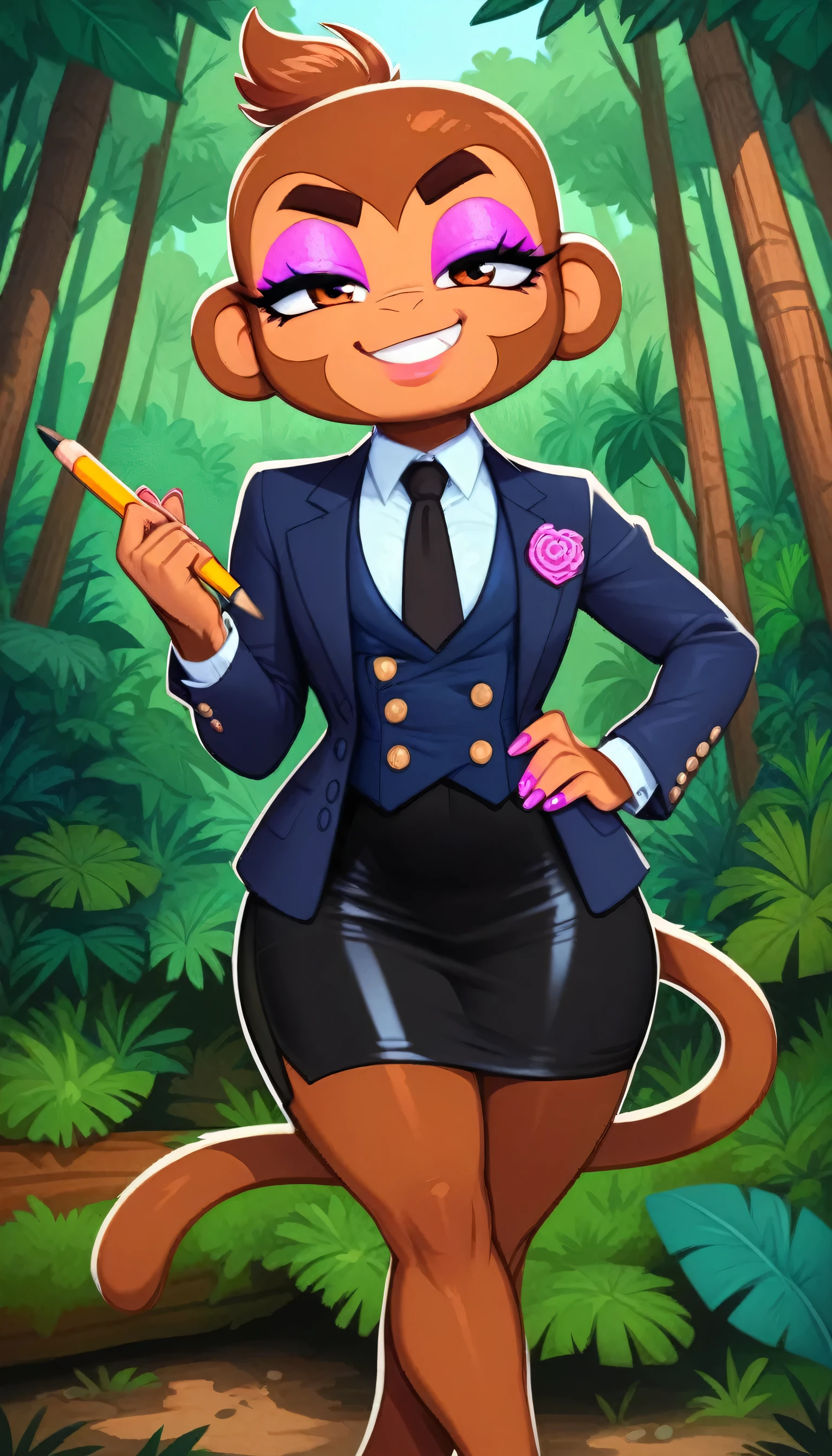 score_9, score_8_up, score_7_up,
1boy crossdressing femboy, solo, eyelashes, eyeliner, eyeshadow, smug, shortstack, gyaru, crossed legs, skirt suit, (((three-piece suit))), (((dress shirt))), (((black necktie))), (((blazer))), (((suit jacket))), (((waistcoat))), double-breasted waistcoat, (((bodycon pencil skirt)))
log, jungle, trees, forest,
BTD6, furry, no nose, monkey, brown fur,